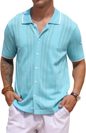 2025 New Men's Knit Button Down Shirt Vintage Short Sleeve Polo Shirts Summer Casual Beach Tops S-3XL