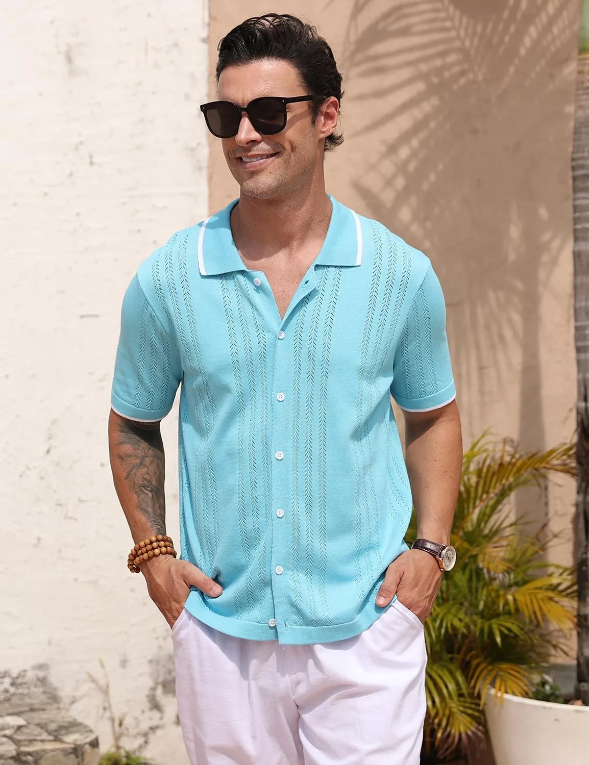 2025 New Men's Knit Button Down Shirt Vintage Short Sleeve Polo Shirts Summer Casual Beach Tops S-3XL