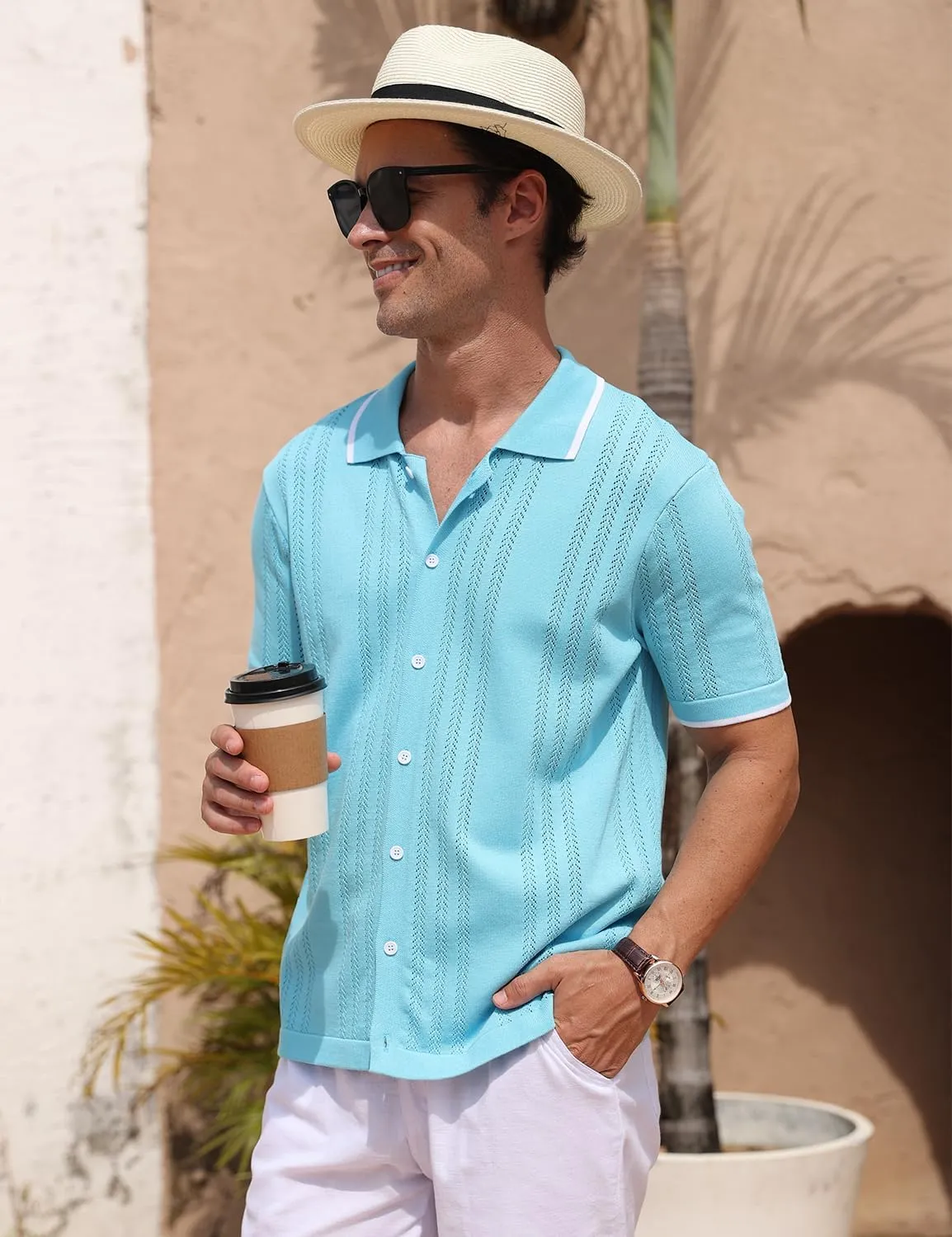 2025 New Men's Knit Button Down Shirt Vintage Short Sleeve Polo Shirts Summer Casual Beach Tops S-3XL