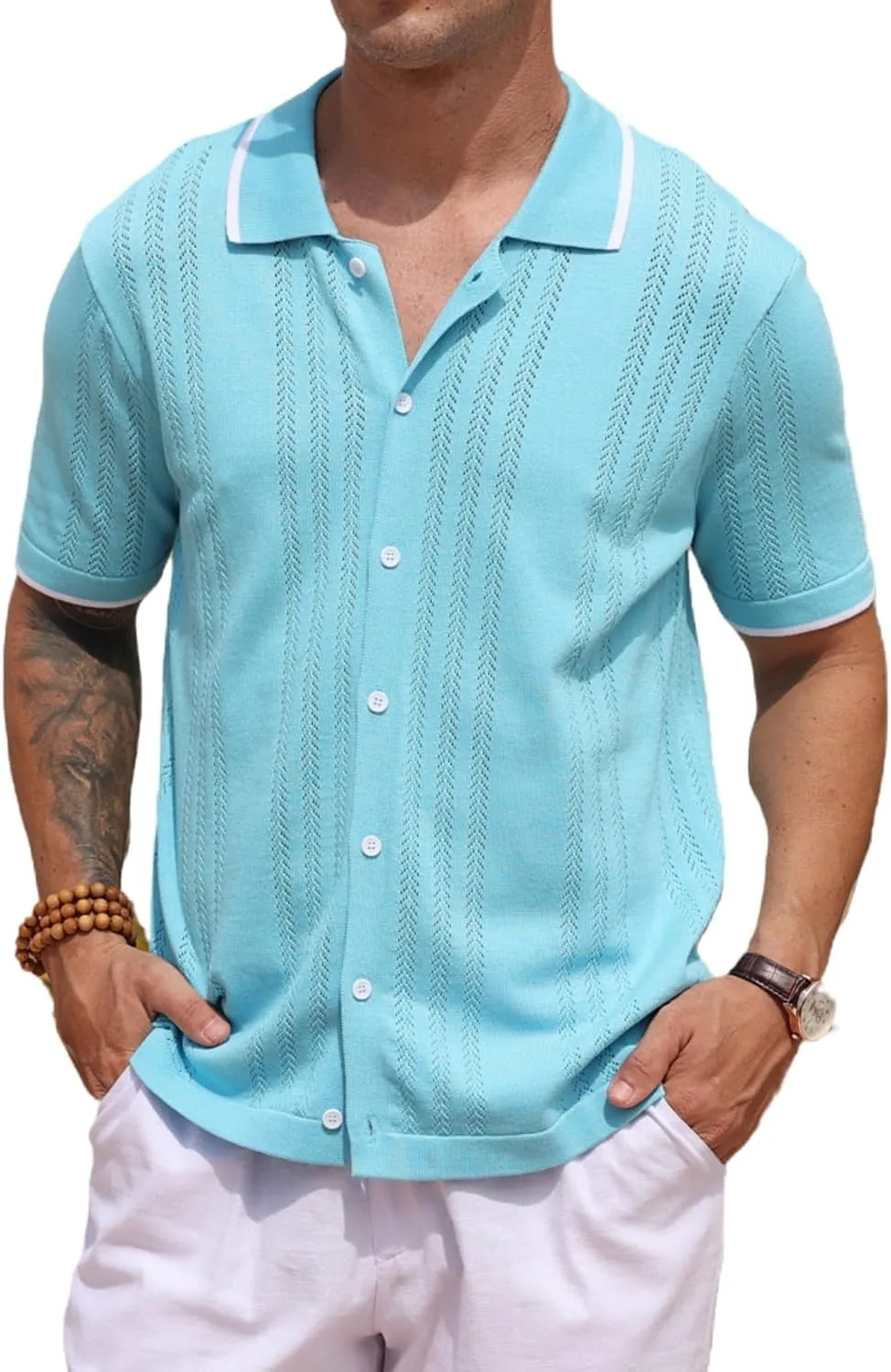 2025 New Men's Knit Button Down Shirt Vintage Short Sleeve Polo Shirts Summer Casual Beach Tops S-3XL