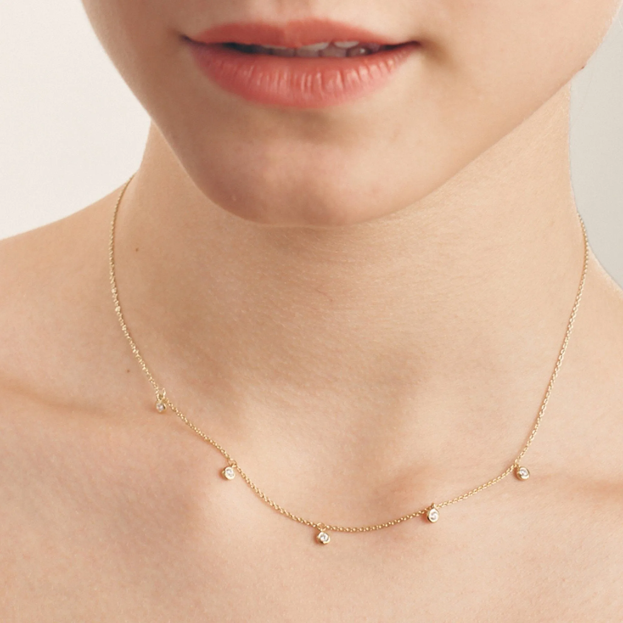 5 Diamonds Bezel Necklace - 14K Yellow Gold