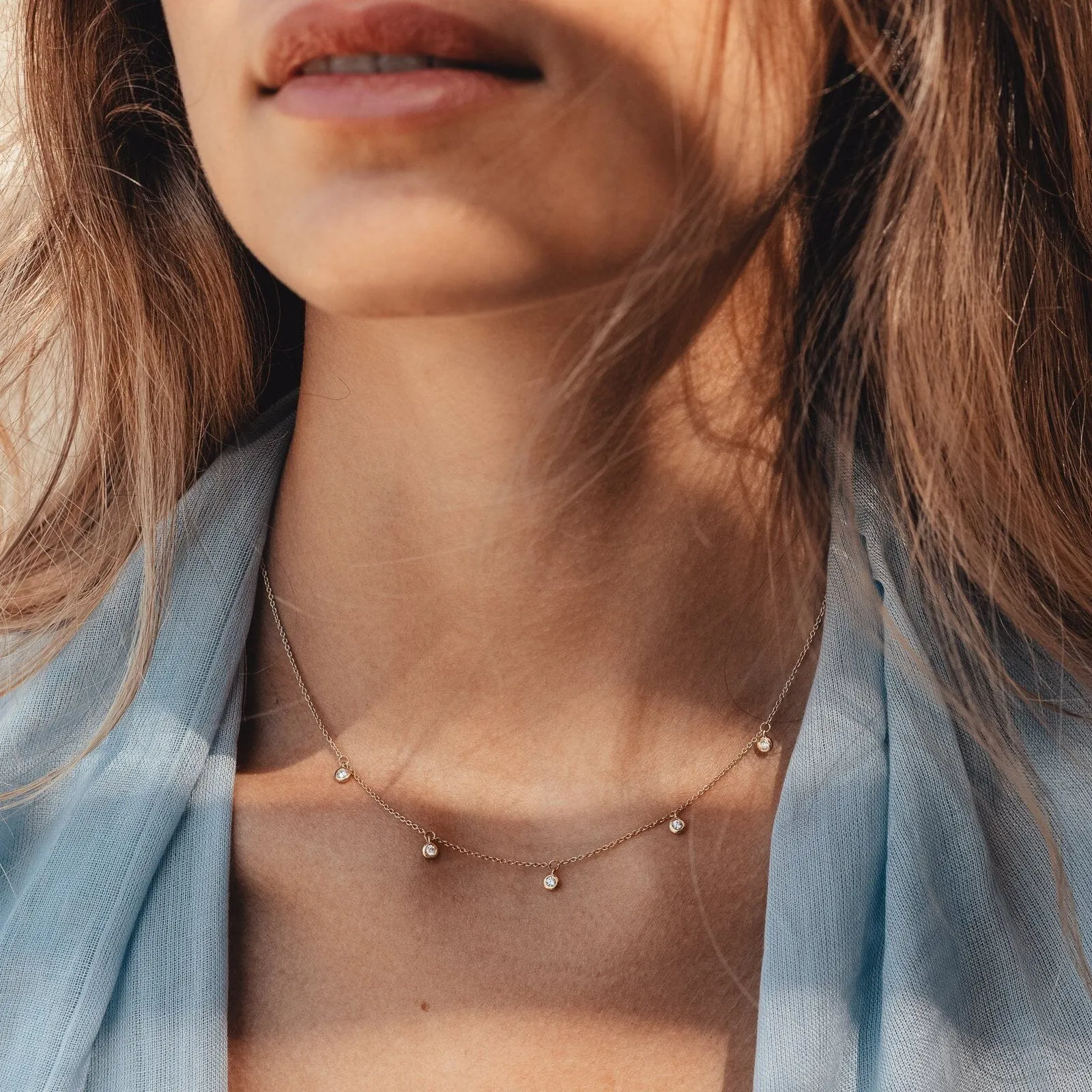 5 Diamonds Bezel Necklace - 14K Yellow Gold