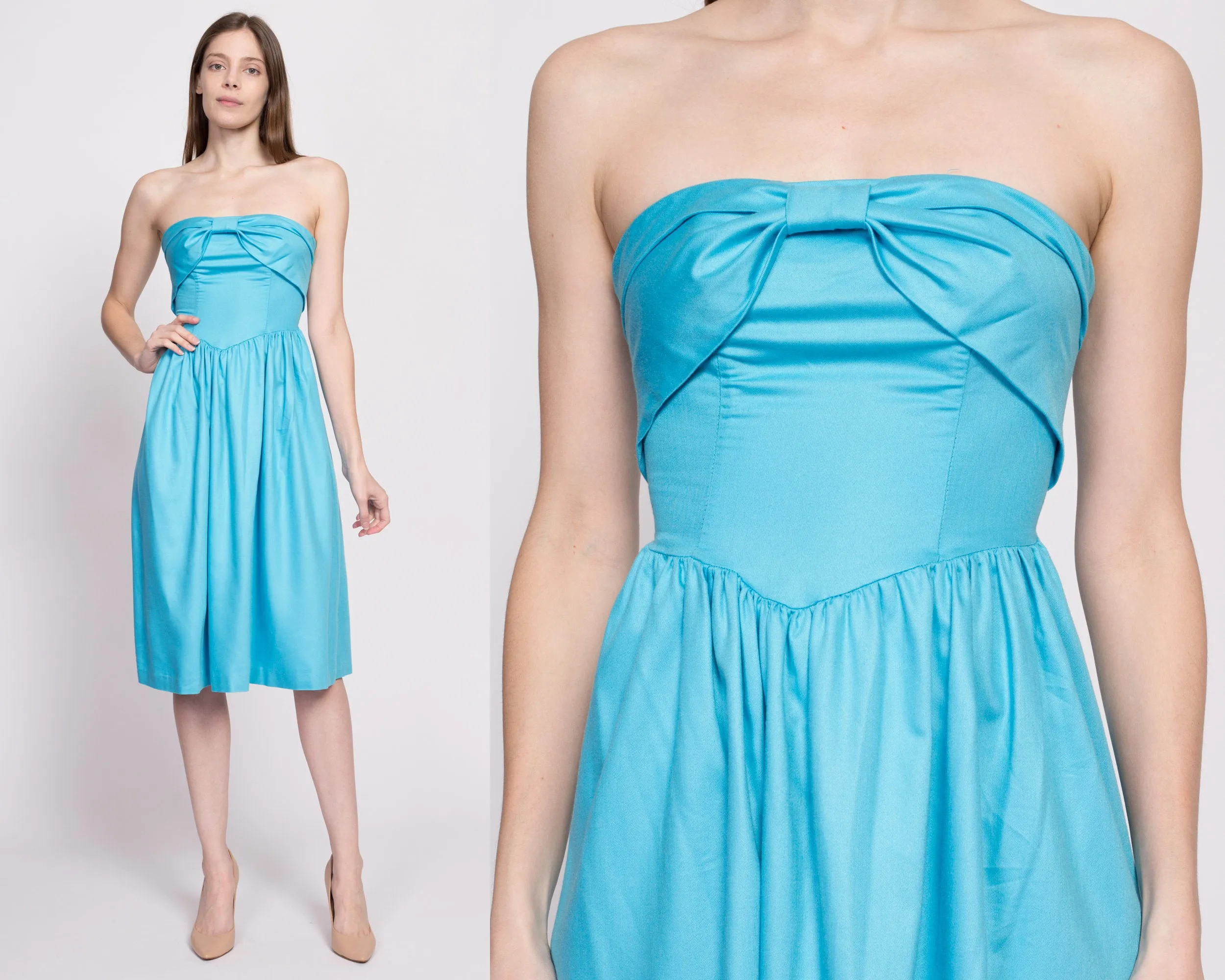 80s Blue Strapless Fit & Flare Dress - Extra Small