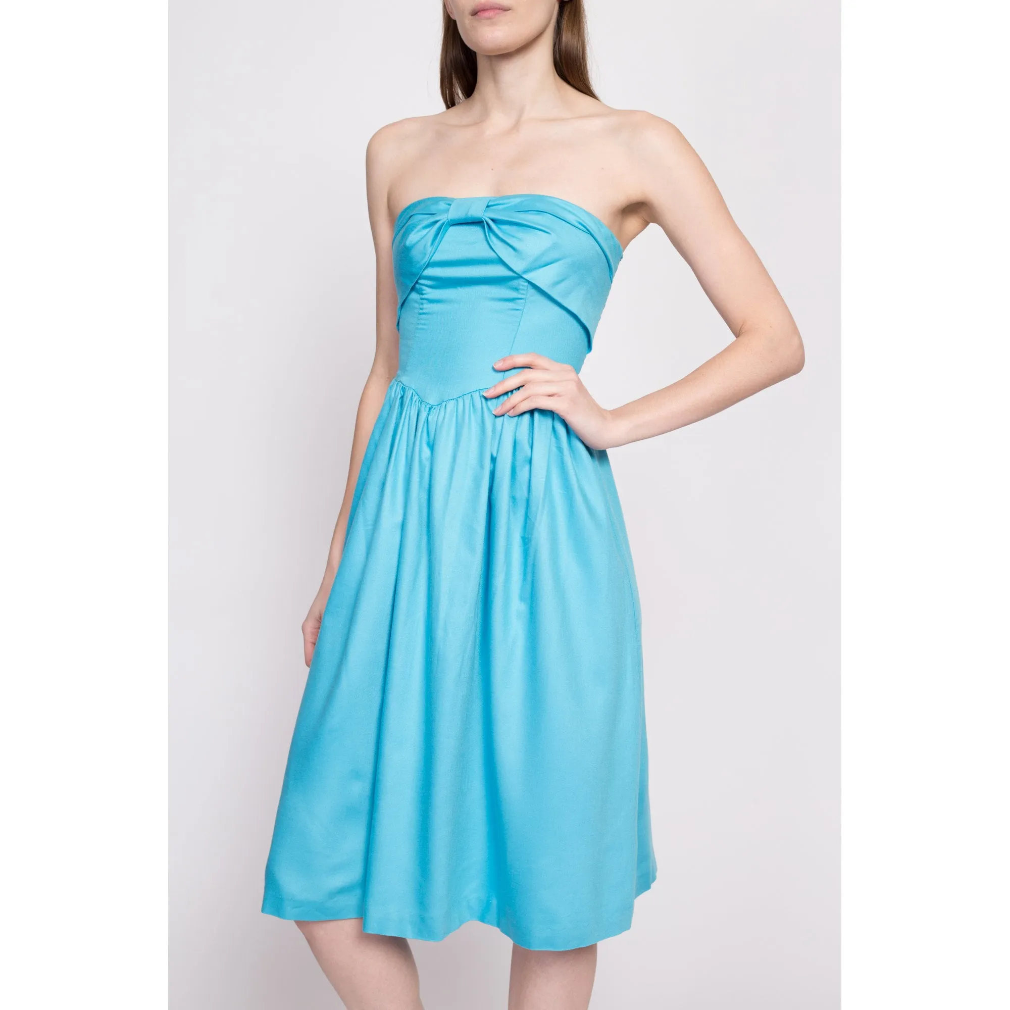 80s Blue Strapless Fit & Flare Dress - Extra Small