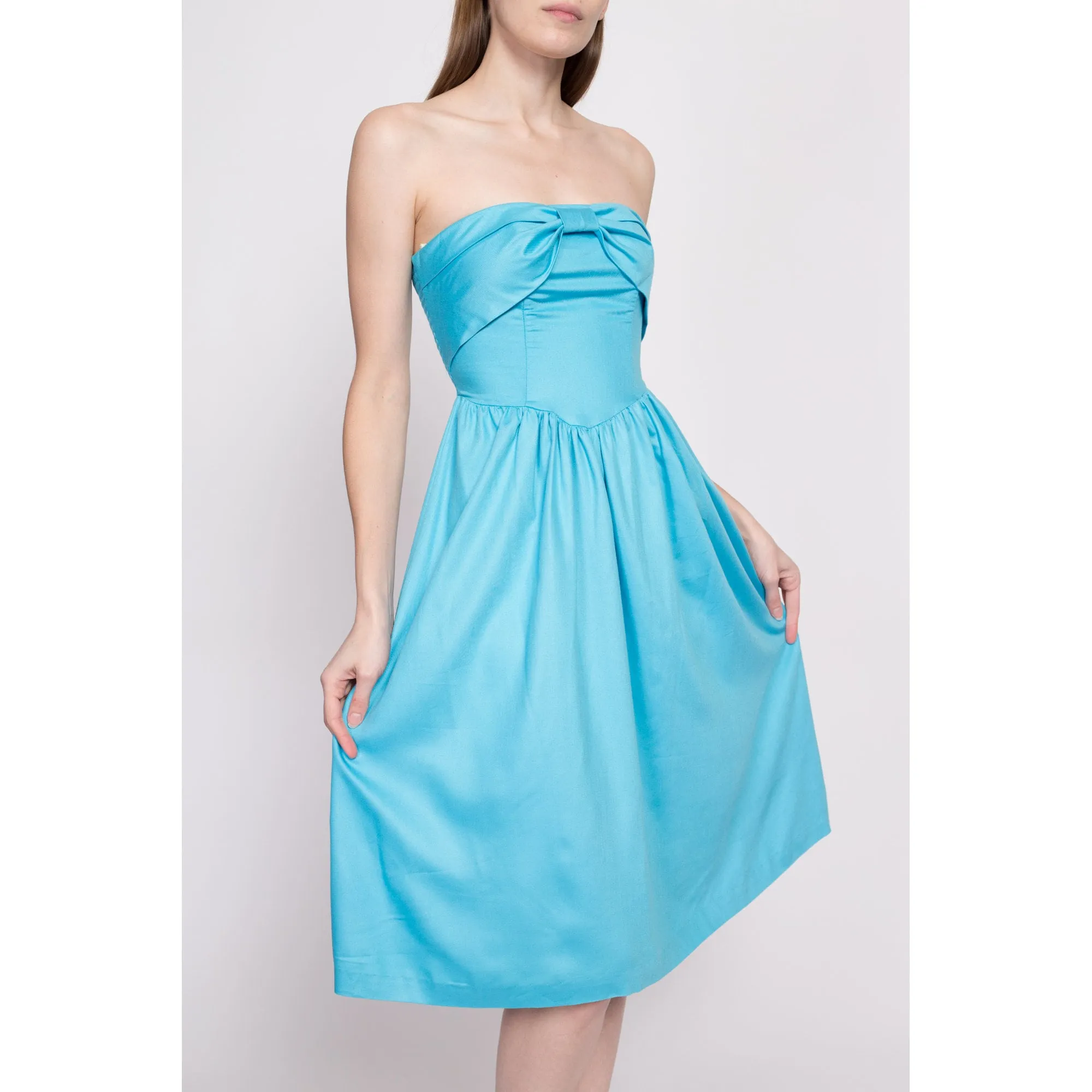 80s Blue Strapless Fit & Flare Dress - Extra Small