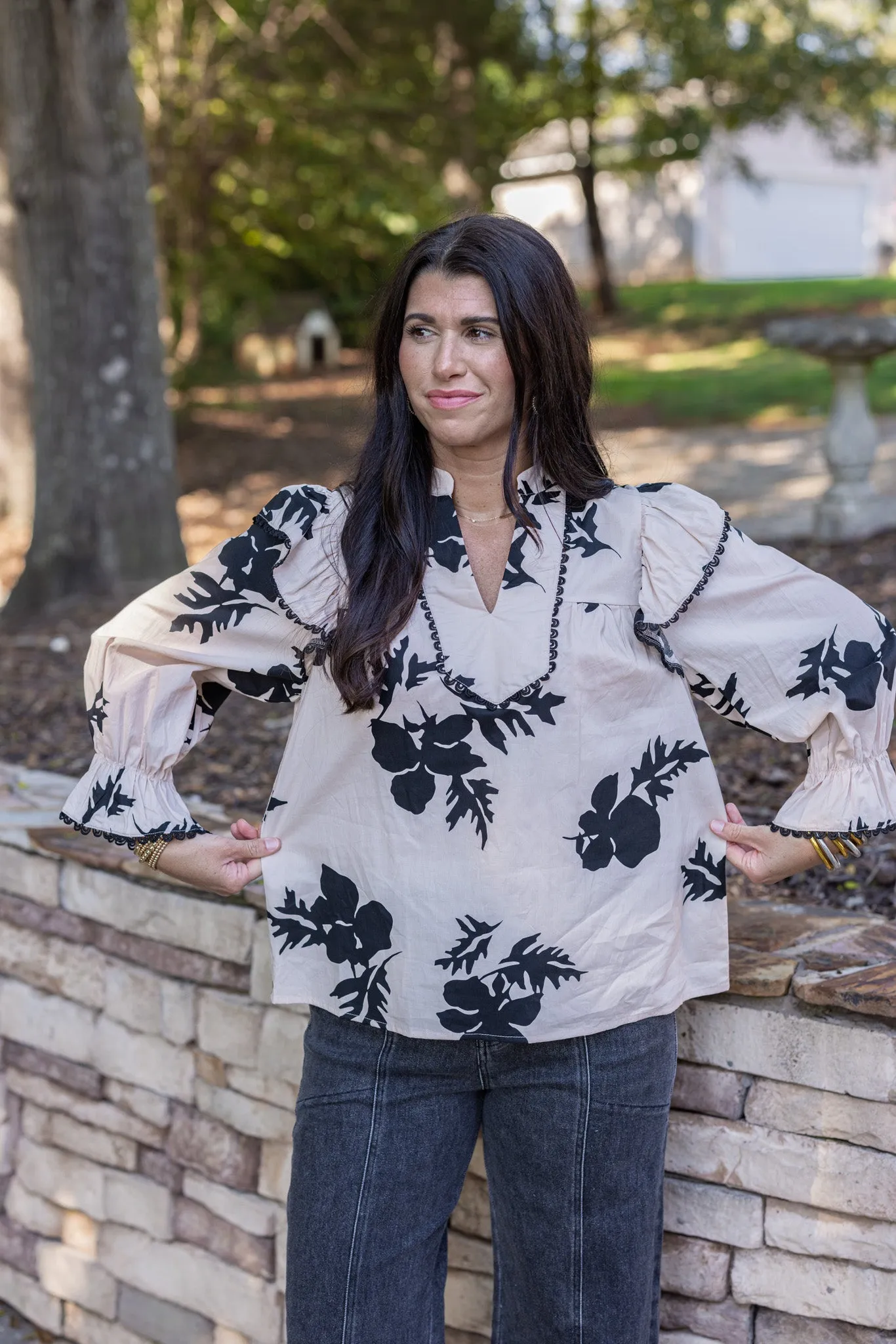Abstract Flowers Ecru Babydoll Top