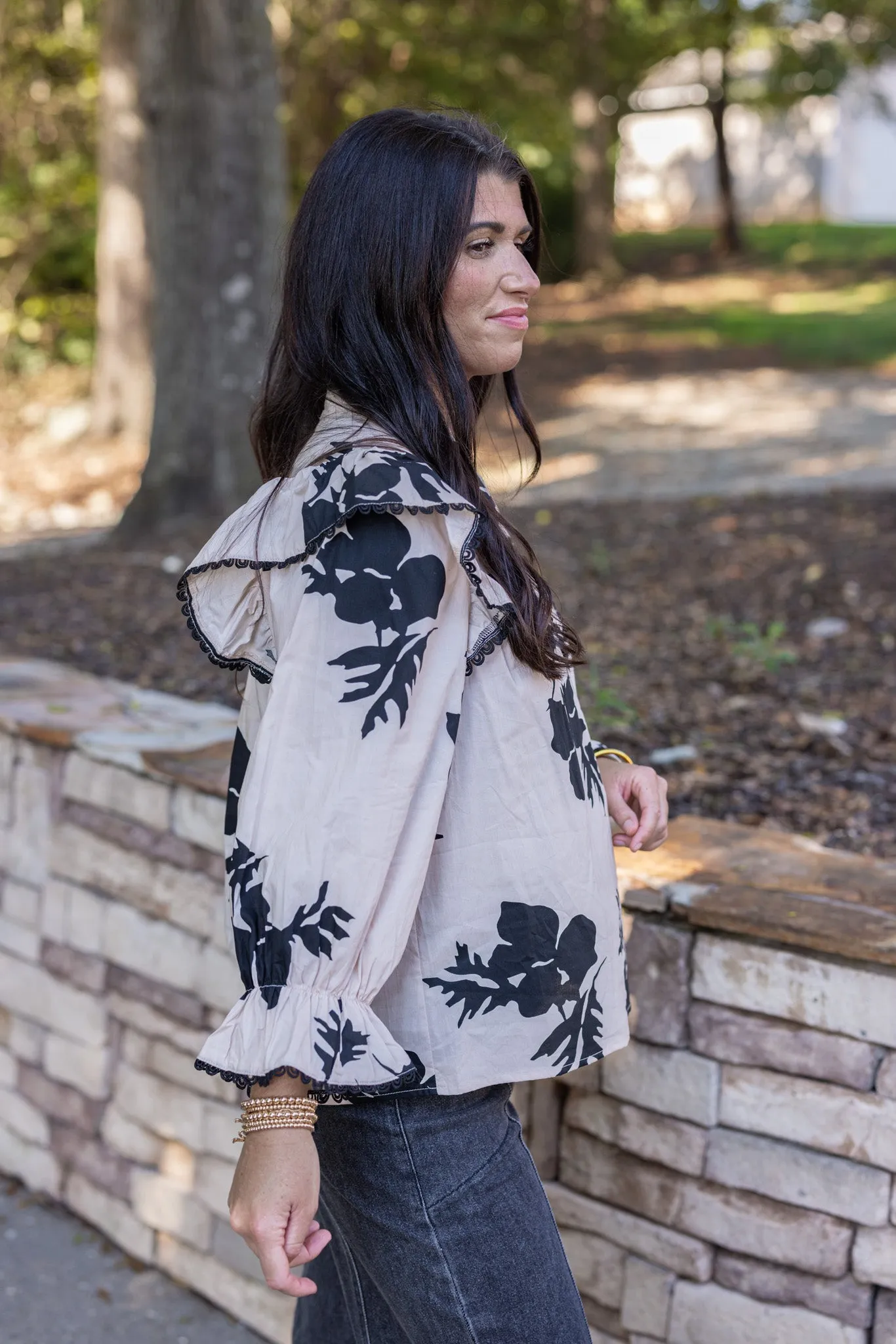 Abstract Flowers Ecru Babydoll Top