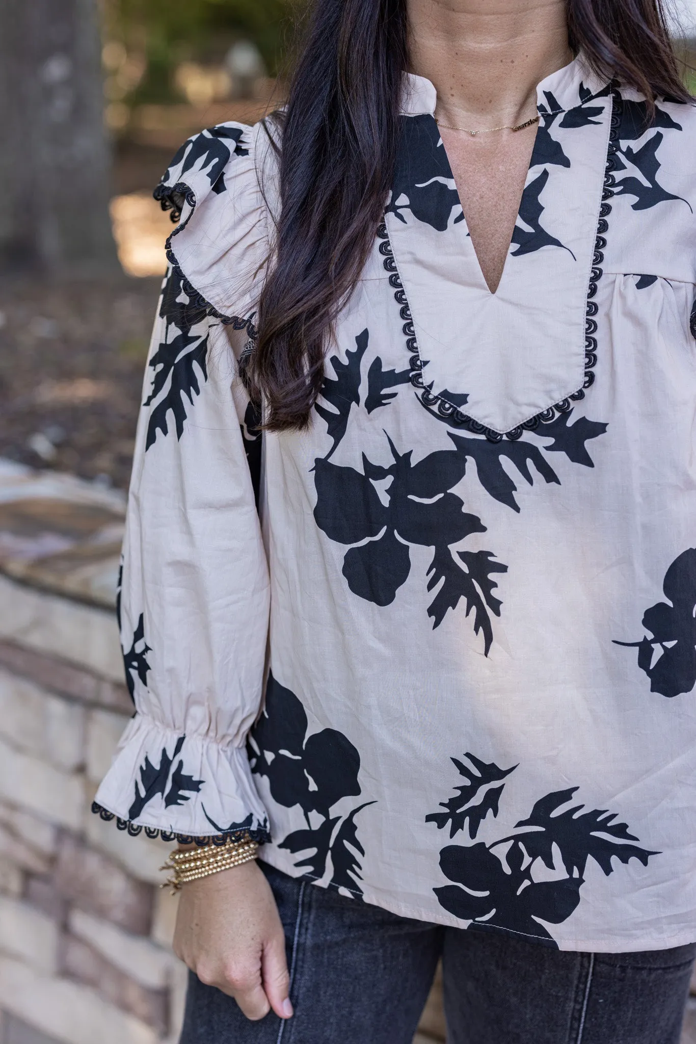 Abstract Flowers Ecru Babydoll Top
