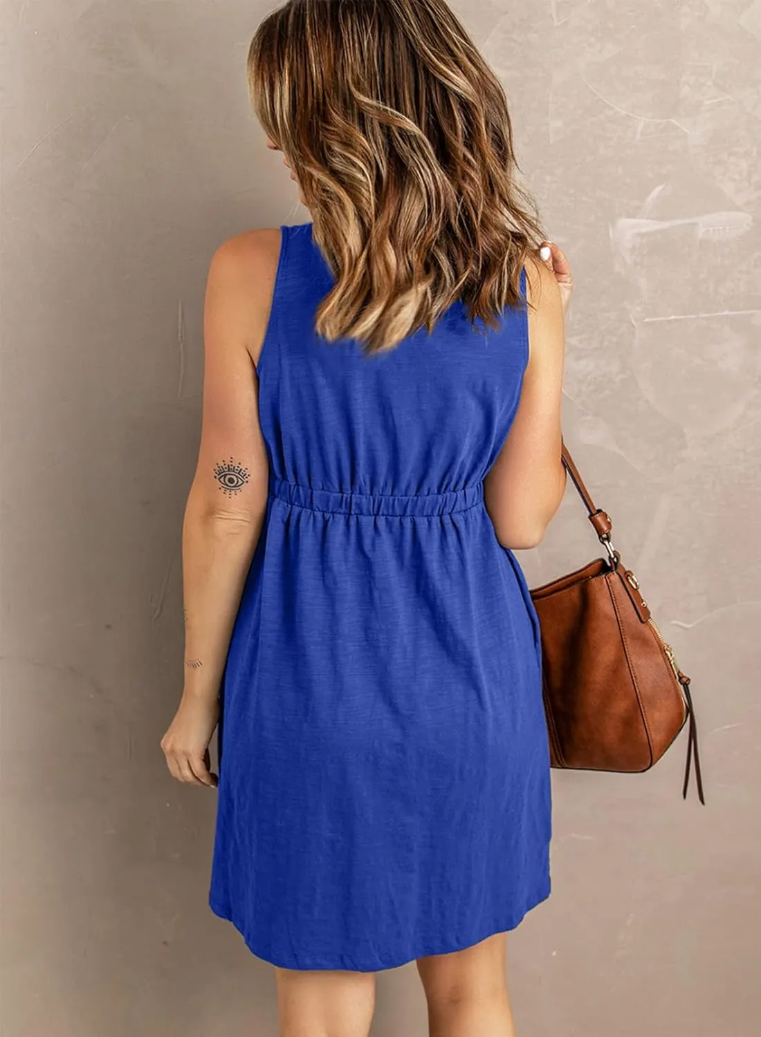 Acelitt Women Summer Casual Sleeveless Button Down Elastic Waist Swing Dresses, XS-2XL