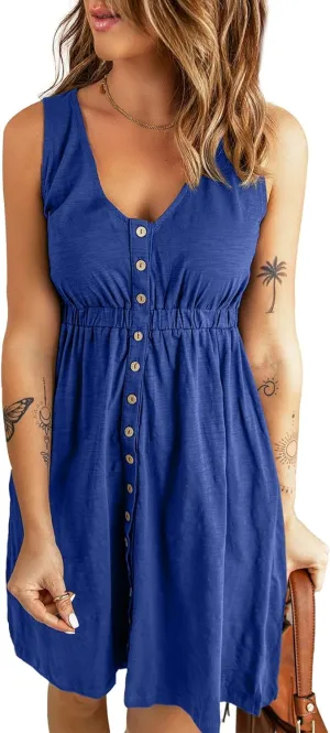 Acelitt Women Summer Casual Sleeveless Button Down Elastic Waist Swing Dresses, XS-2XL