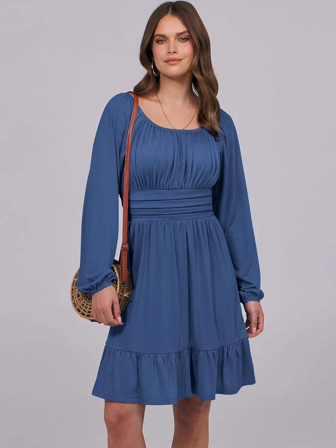 ANRABESS Womens Dress Long Lantern Sleeve Square Neck Elastic Waist Ruffle Flowy Swing A-Line Short Dresses 2025 Fall Fashion