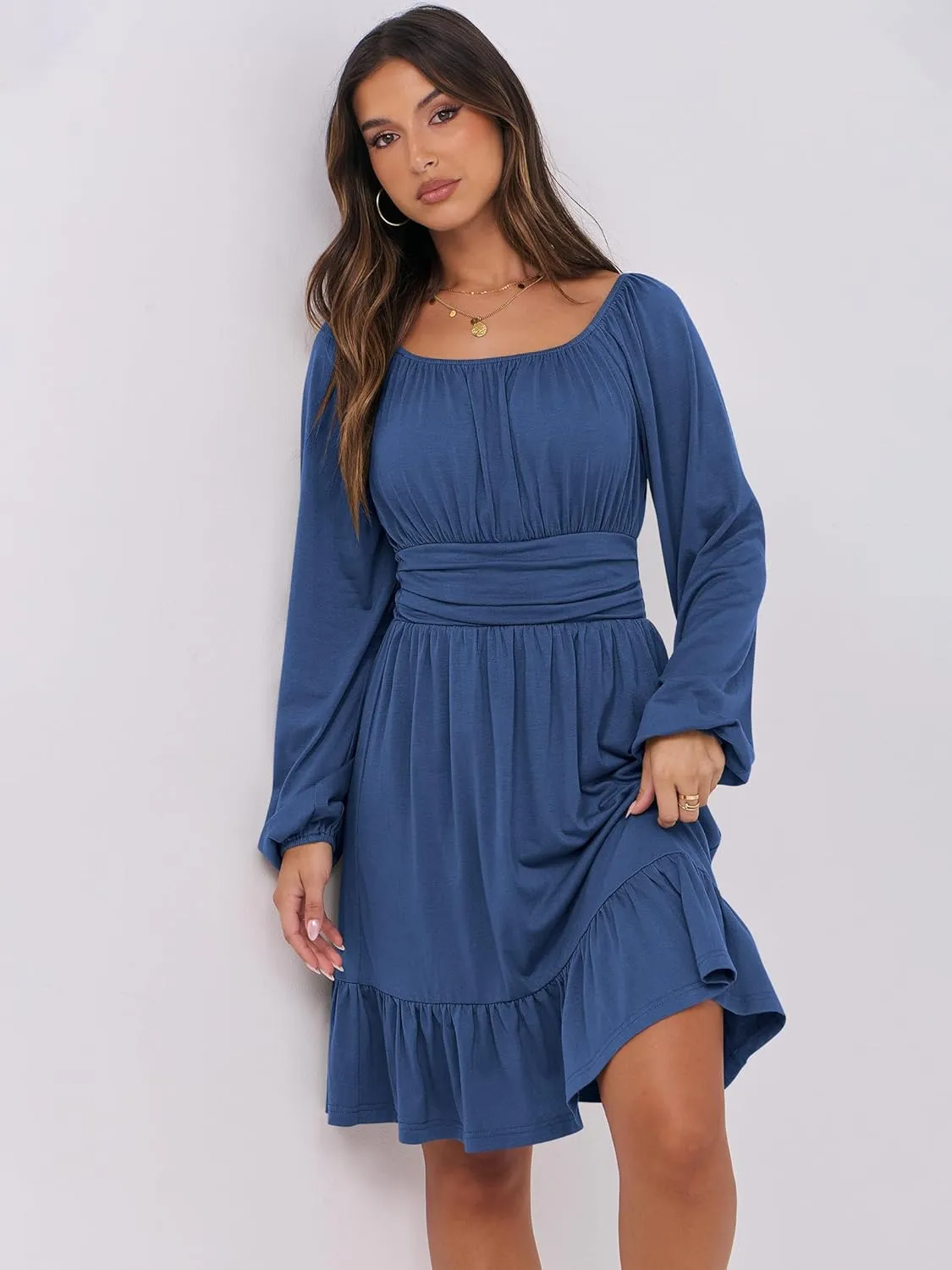 ANRABESS Womens Dress Long Lantern Sleeve Square Neck Elastic Waist Ruffle Flowy Swing A-Line Short Dresses 2025 Fall Fashion