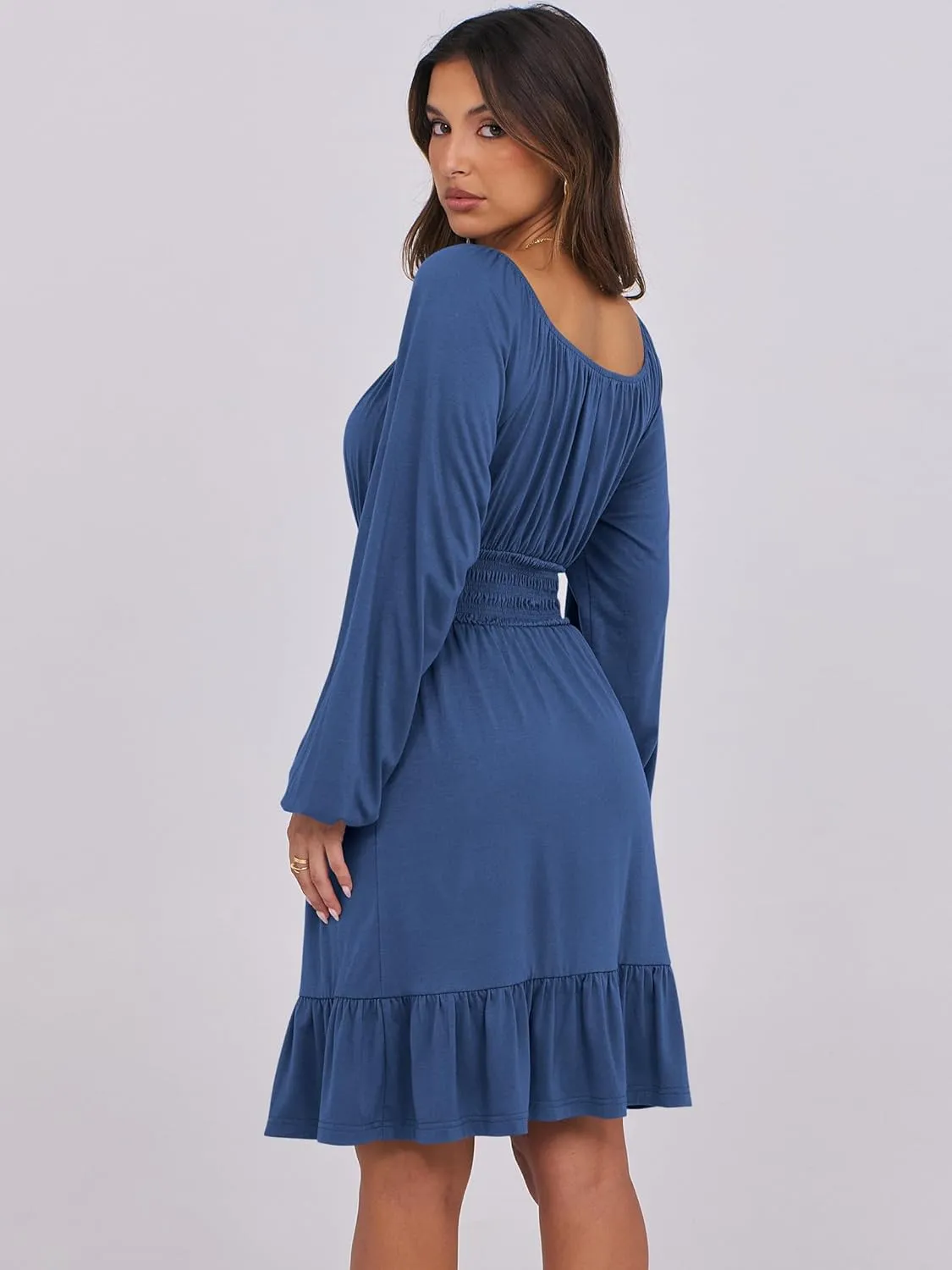 ANRABESS Womens Dress Long Lantern Sleeve Square Neck Elastic Waist Ruffle Flowy Swing A-Line Short Dresses 2025 Fall Fashion