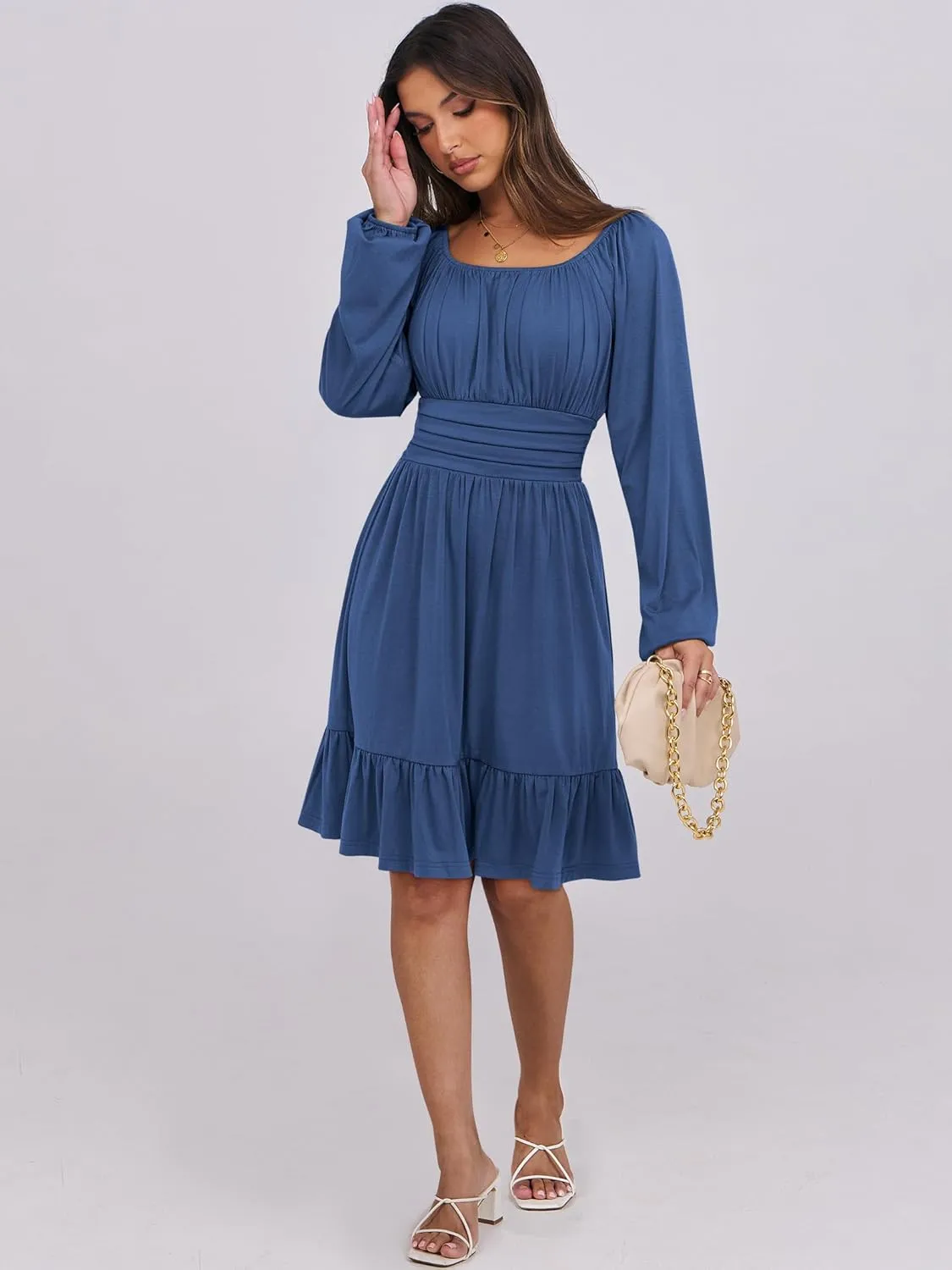 ANRABESS Womens Dress Long Lantern Sleeve Square Neck Elastic Waist Ruffle Flowy Swing A-Line Short Dresses 2025 Fall Fashion