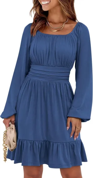 ANRABESS Womens Dress Long Lantern Sleeve Square Neck Elastic Waist Ruffle Flowy Swing A-Line Short Dresses 2025 Fall Fashion