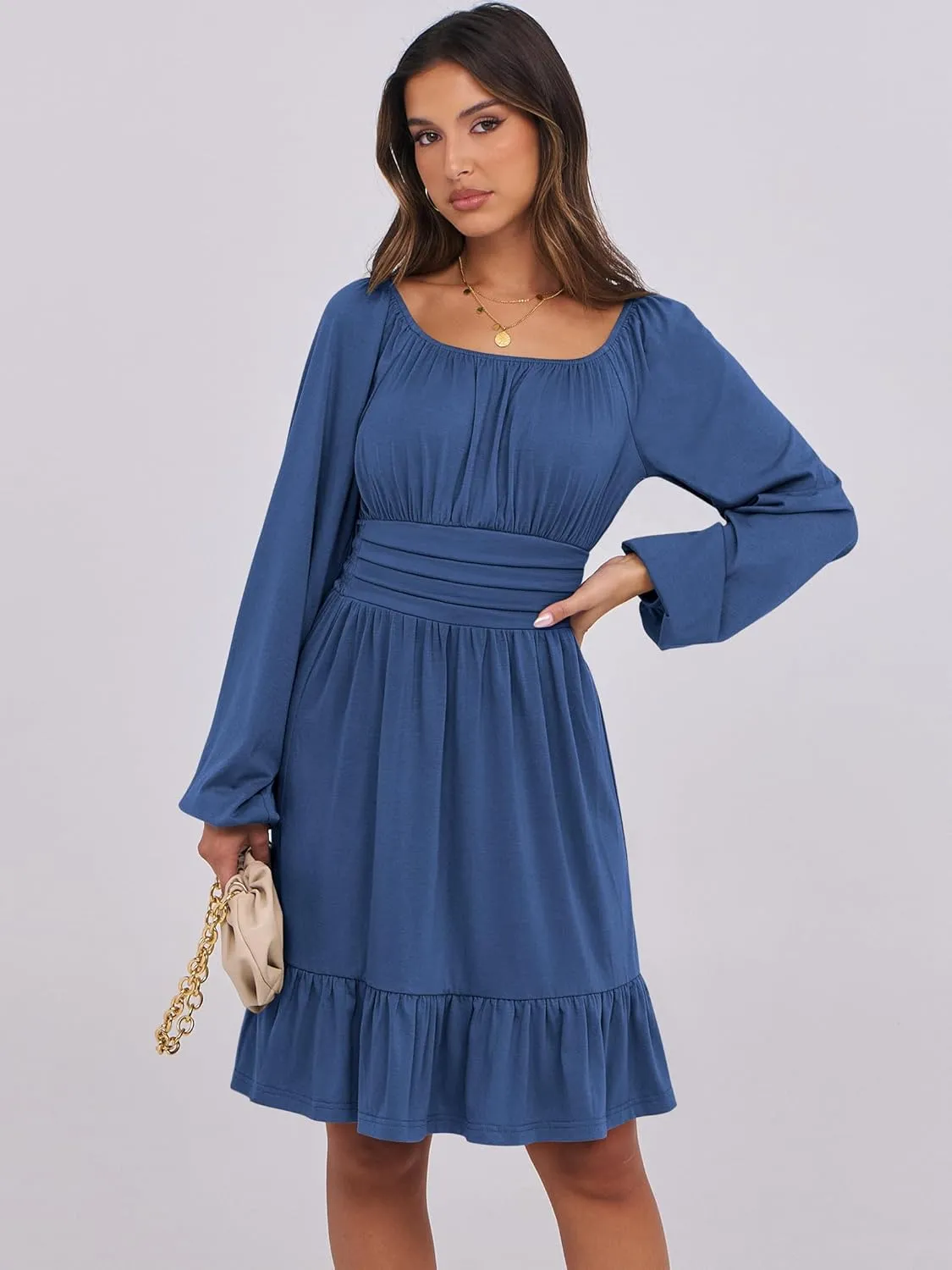 ANRABESS Womens Dress Long Lantern Sleeve Square Neck Elastic Waist Ruffle Flowy Swing A-Line Short Dresses 2025 Fall Fashion