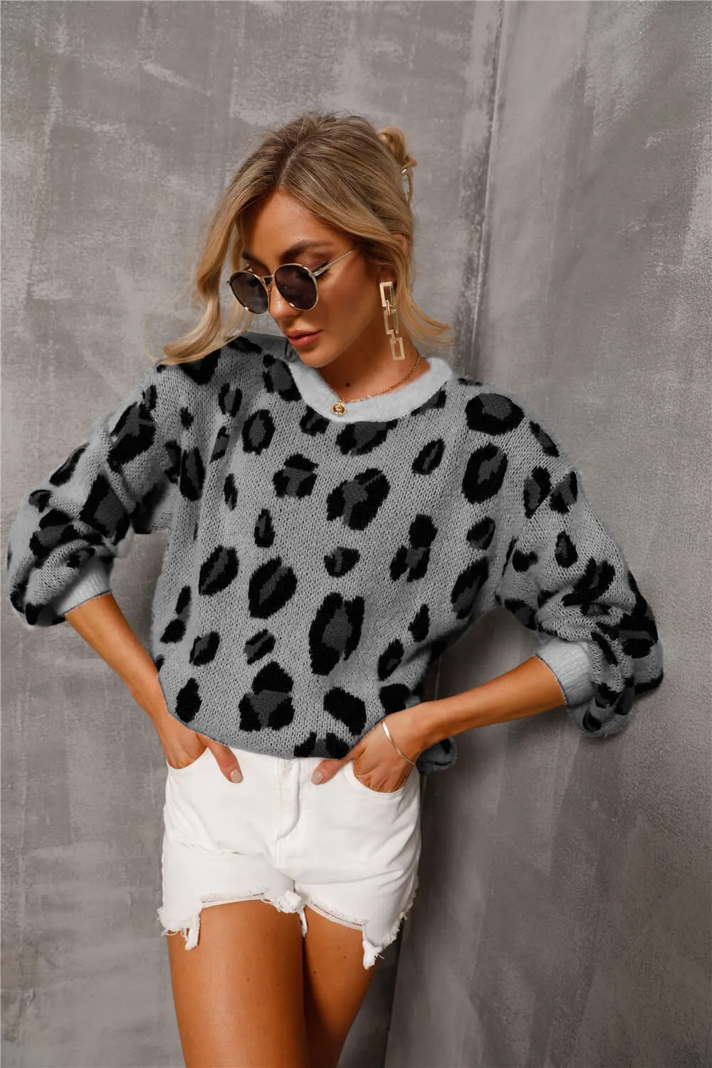 *App Exclusive* Leopard Dropped Shoulder Knit Pullover
