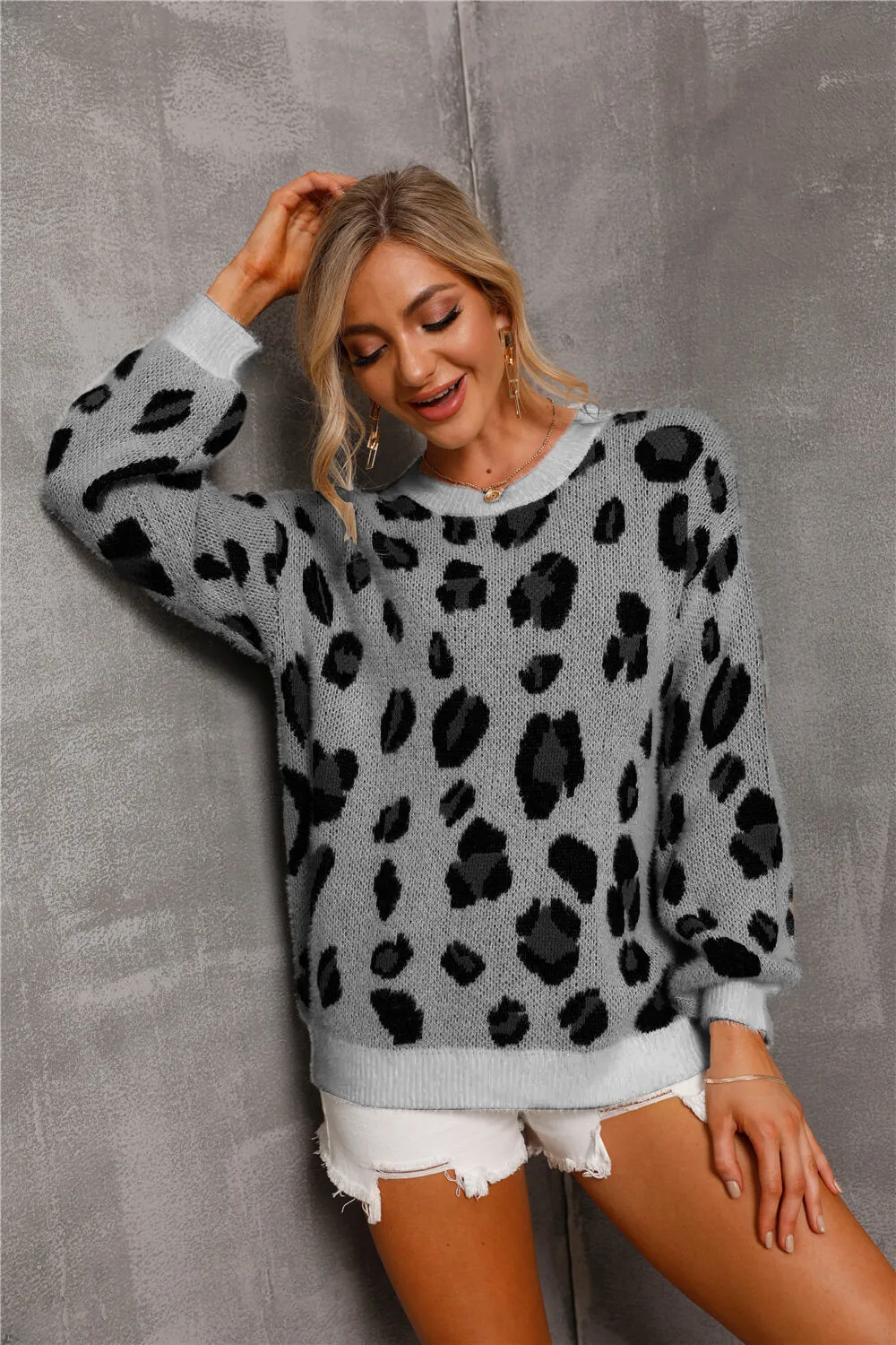 *App Exclusive* Leopard Dropped Shoulder Knit Pullover