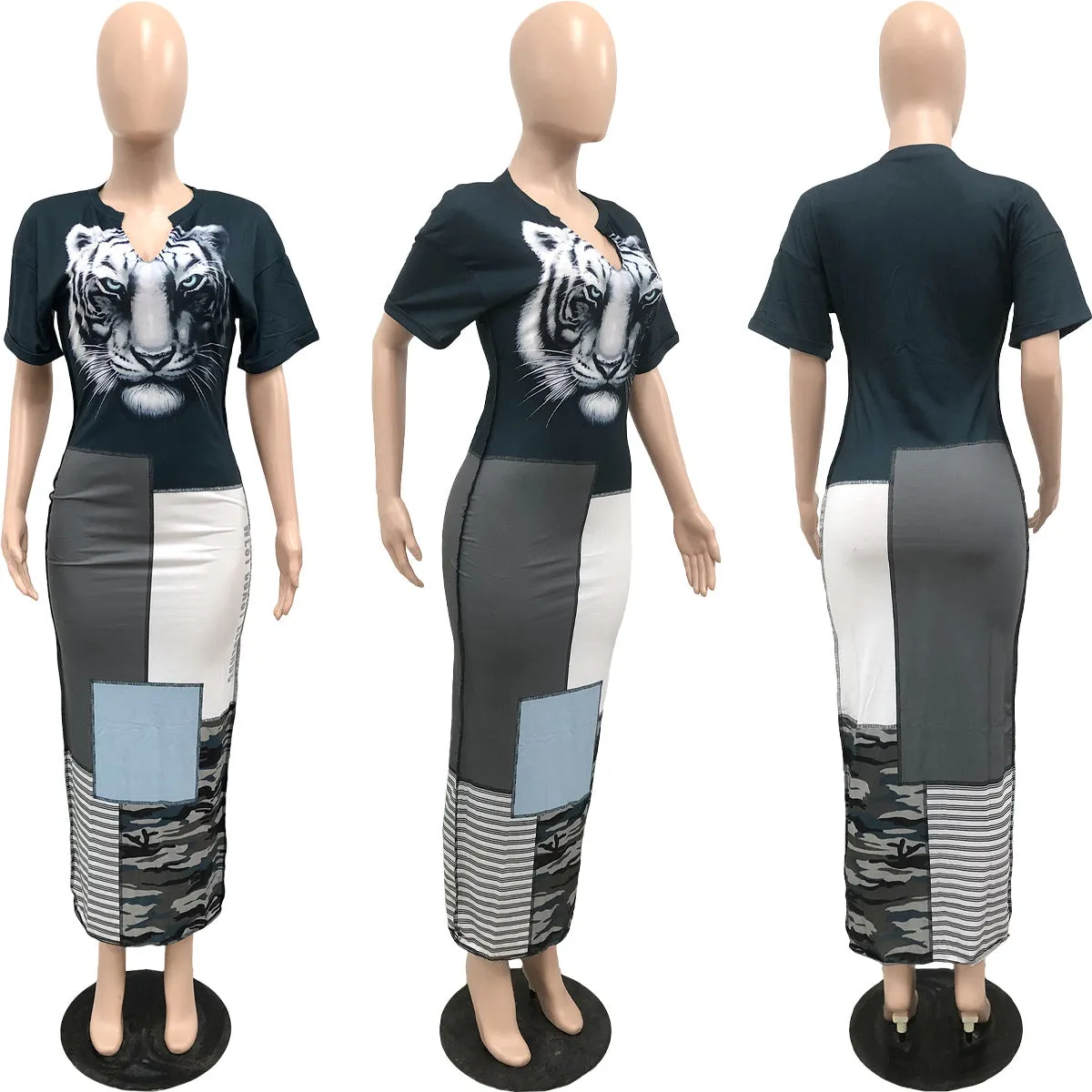 ashion printed half open collar long dress AY3170