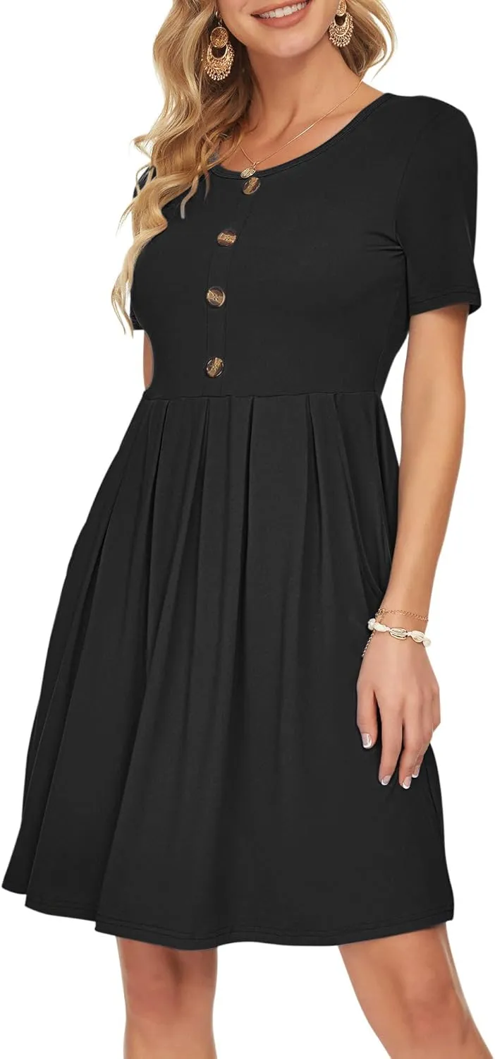 AUSELILY Women's Short Sleeve Summer Dress Pleated Button Down Knee Length Dresses with Pockets 2025 New