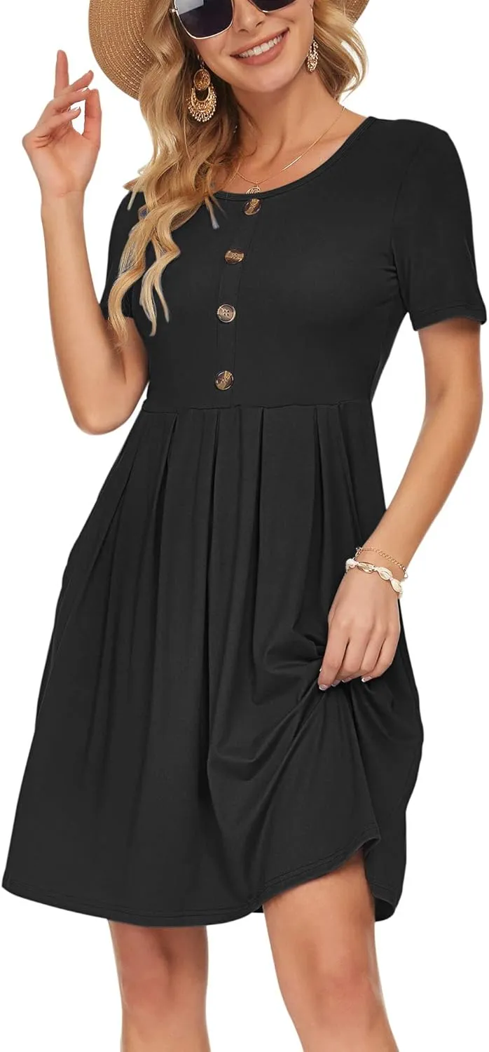 AUSELILY Women's Short Sleeve Summer Dress Pleated Button Down Knee Length Dresses with Pockets 2025 New