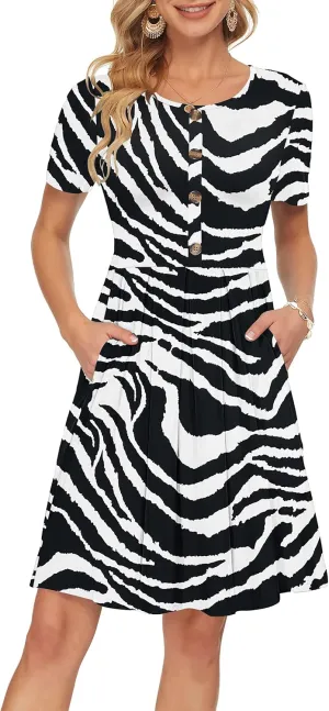 AUSELILY Women's Short Sleeve Summer Dress Pleated Button Down Knee Length Dresses with Pockets 2025 New