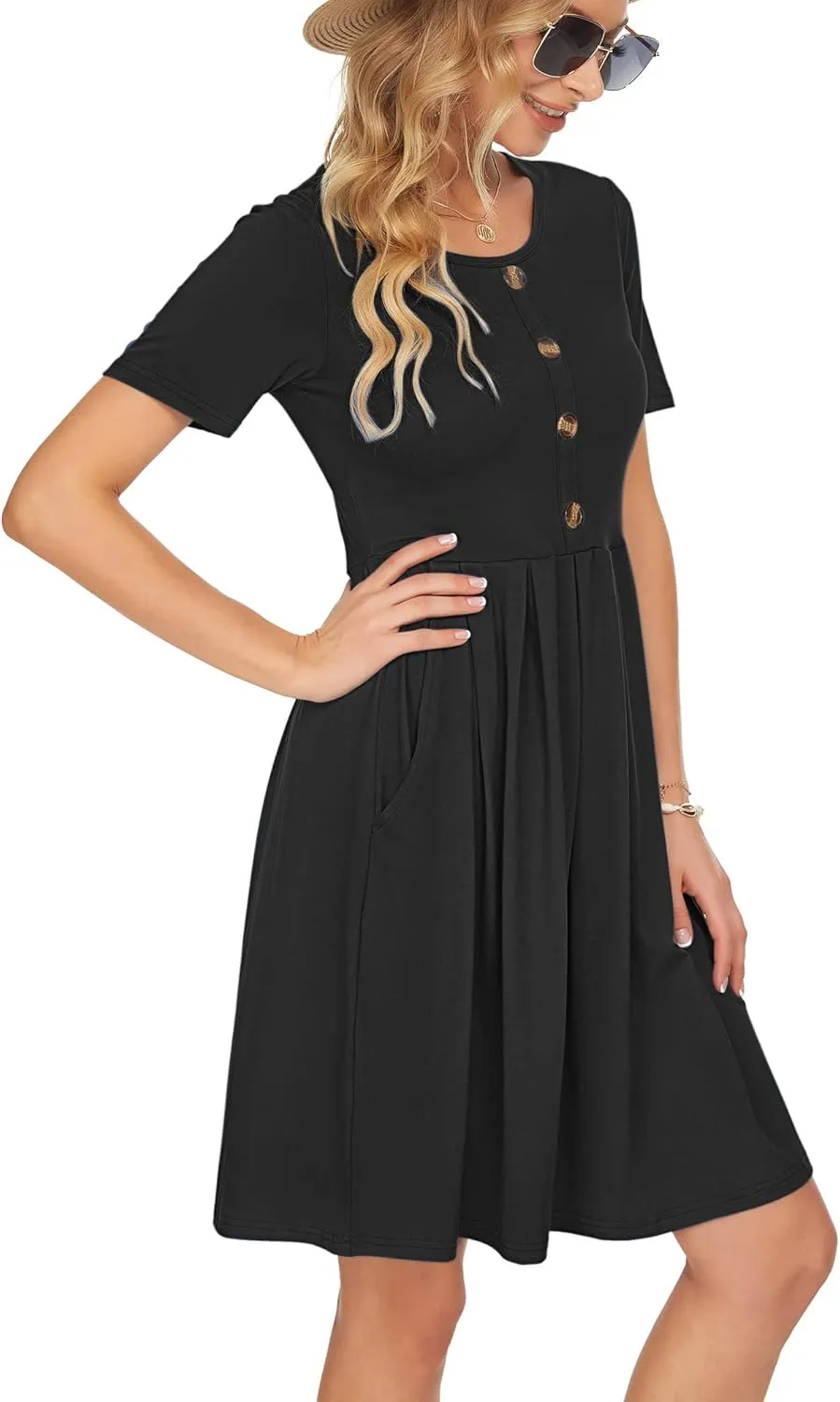 AUSELILY Women's Short Sleeve Summer Dress Pleated Button Down Knee Length Dresses with Pockets 2025 New