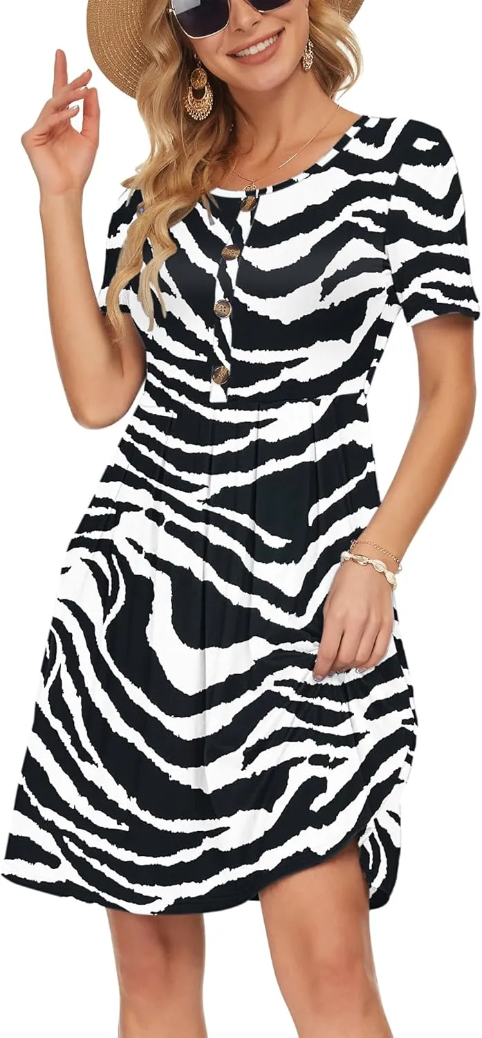 AUSELILY Women's Short Sleeve Summer Dress Pleated Button Down Knee Length Dresses with Pockets 2025 New