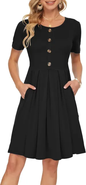 AUSELILY Women's Short Sleeve Summer Dress Pleated Button Down Knee Length Dresses with Pockets 2025 New