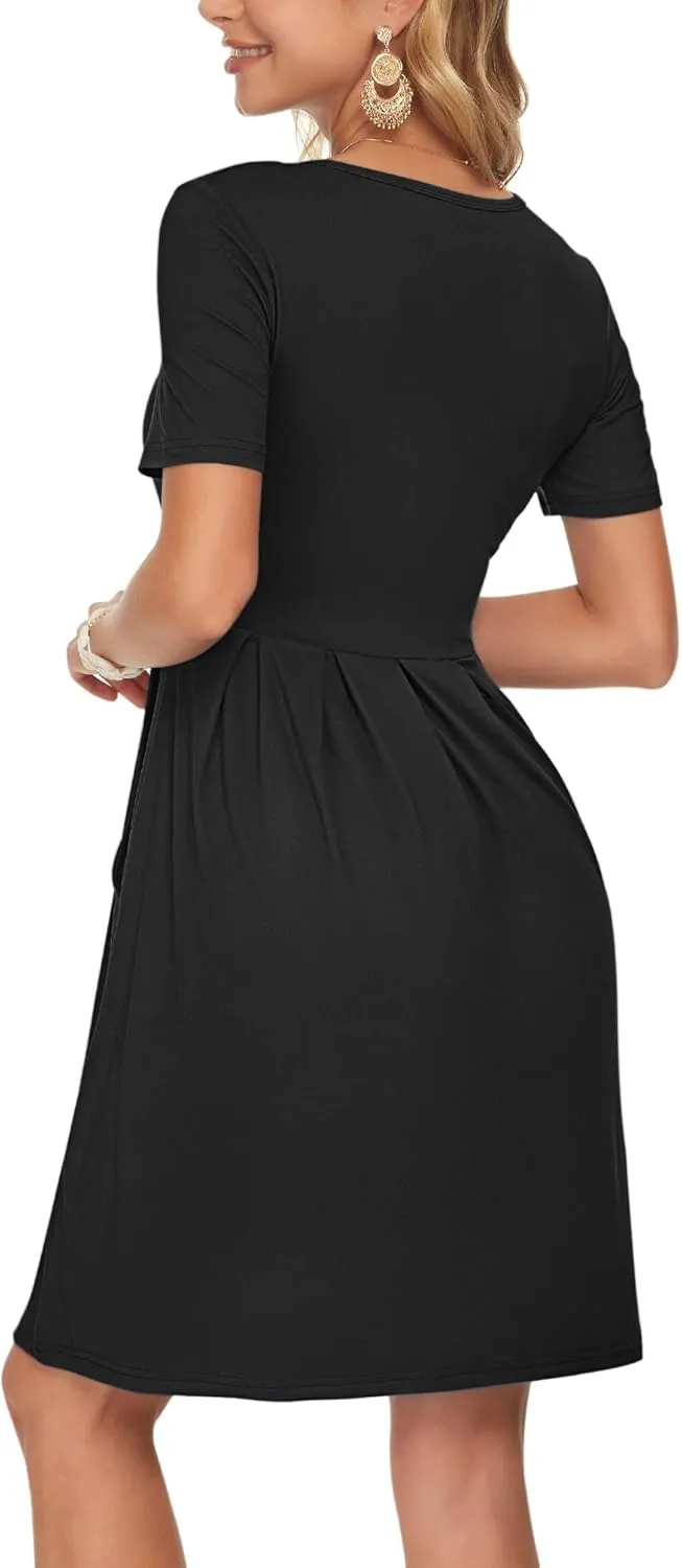 AUSELILY Women's Short Sleeve Summer Dress Pleated Button Down Knee Length Dresses with Pockets 2025 New