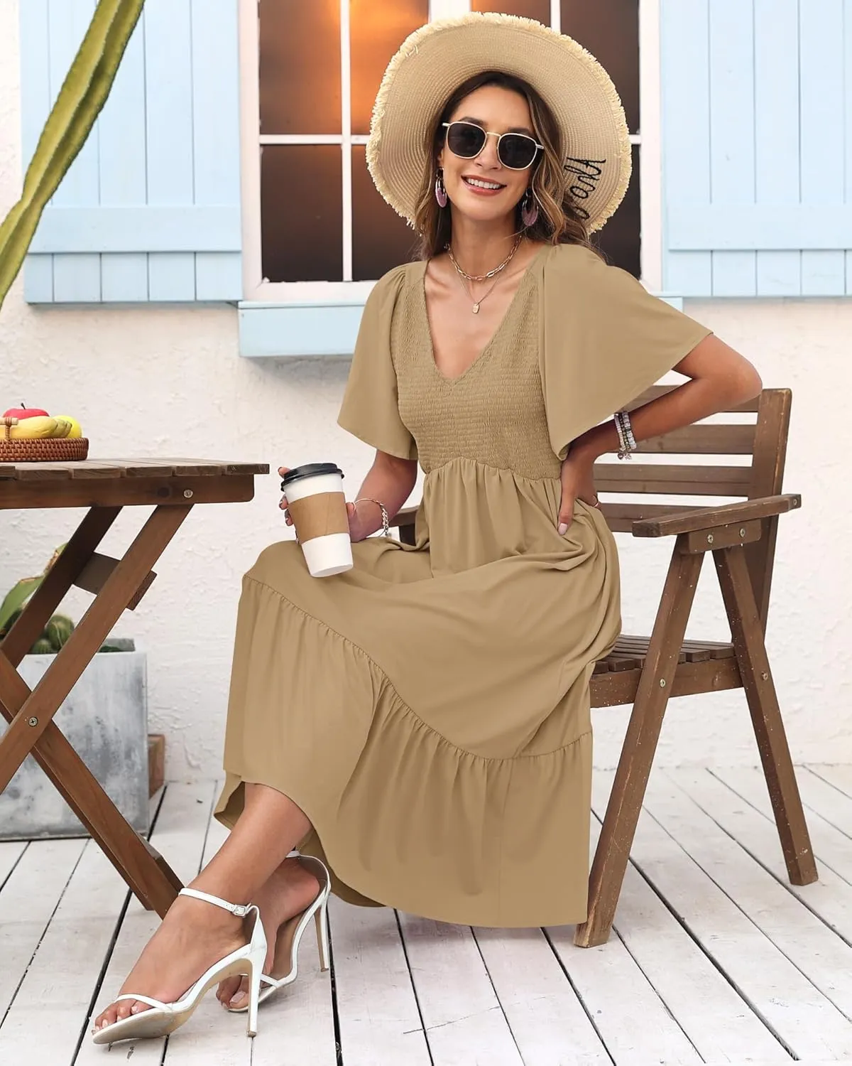 AUSELILY Women's Summer Empire Waist Dress Smocked Flutter Short Sleeve V Neck Midi Dresses 2025 New