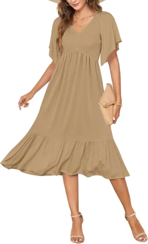 AUSELILY Women's Summer Empire Waist Dress Smocked Flutter Short Sleeve V Neck Midi Dresses 2025 New
