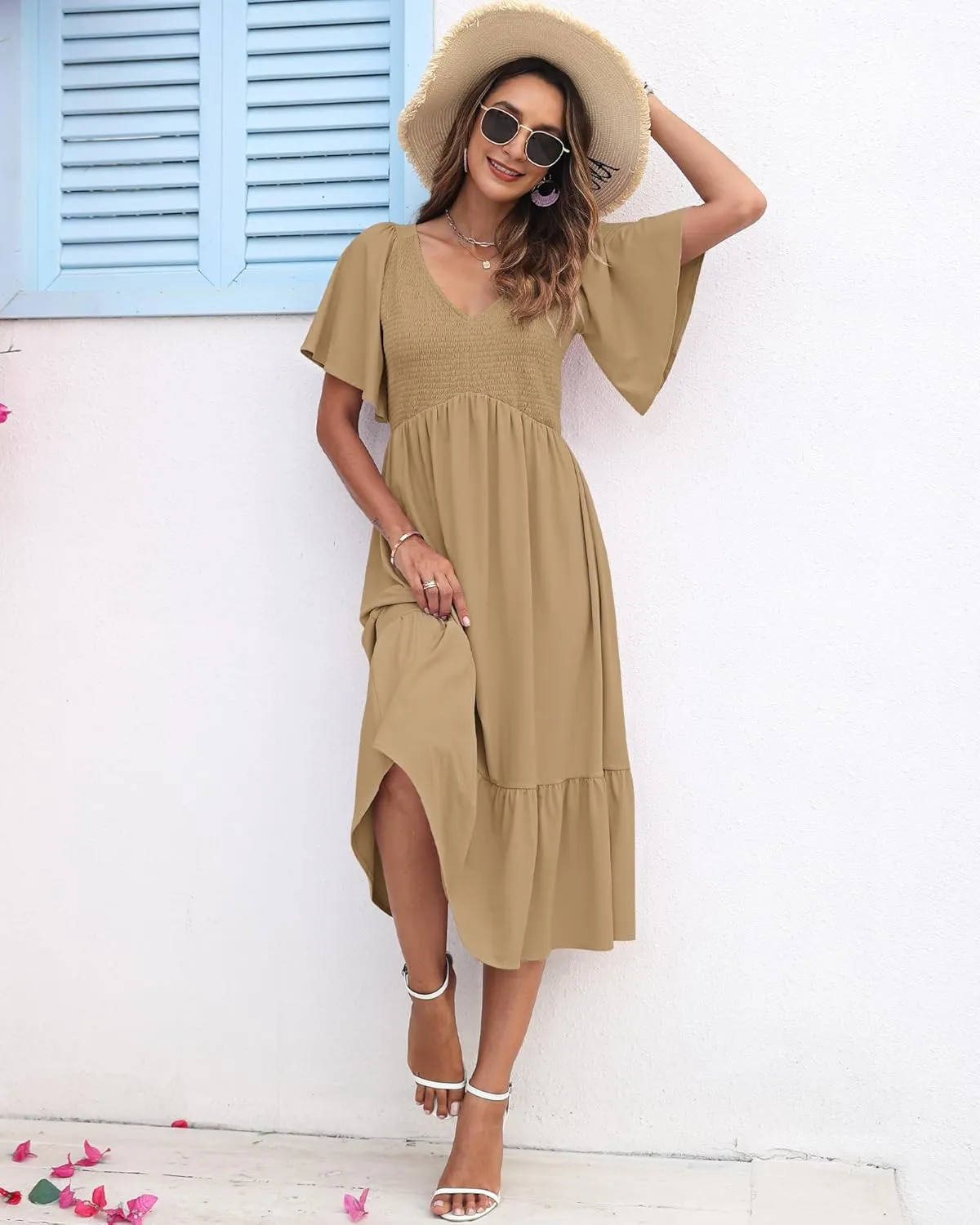 AUSELILY Women's Summer Empire Waist Dress Smocked Flutter Short Sleeve V Neck Midi Dresses 2025 New