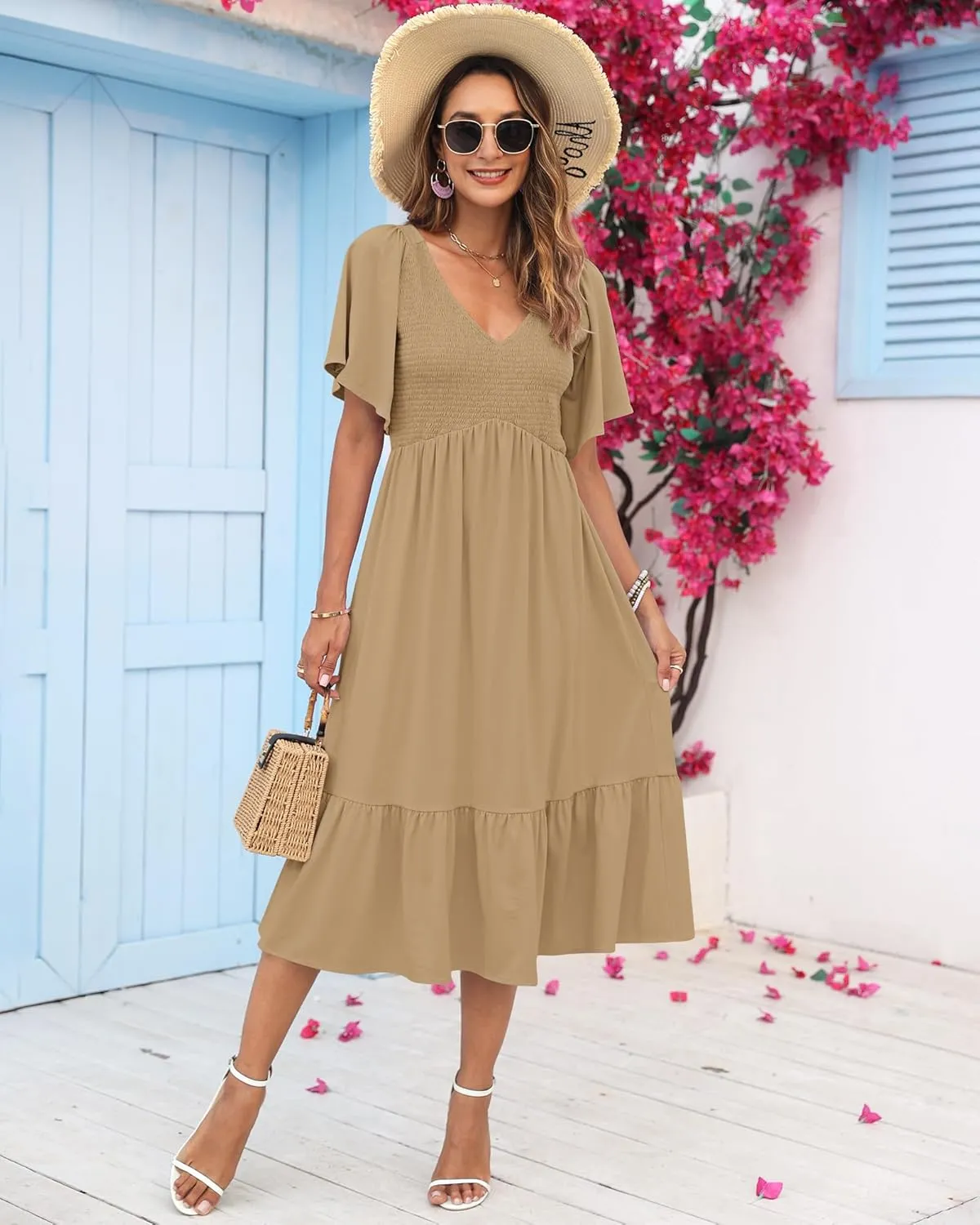 AUSELILY Women's Summer Empire Waist Dress Smocked Flutter Short Sleeve V Neck Midi Dresses 2025 New