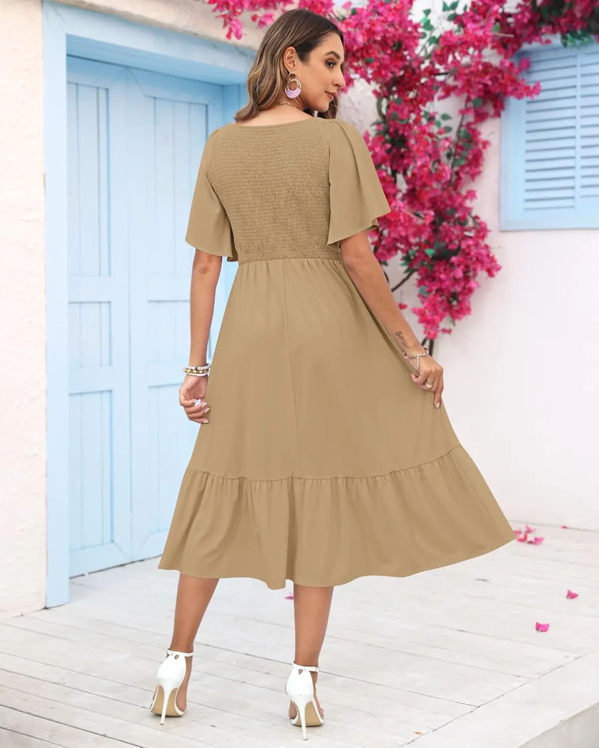 AUSELILY Women's Summer Empire Waist Dress Smocked Flutter Short Sleeve V Neck Midi Dresses 2025 New