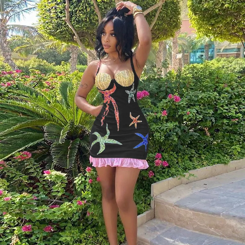 Backless print hot diamond suspender dress（AY2322）