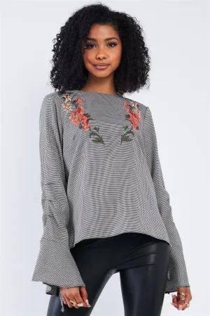 Black & White Mini Houndstooth Print Floral Embroidered Long Flutter Hem Sleeve Blouse Top /1-2-2-1