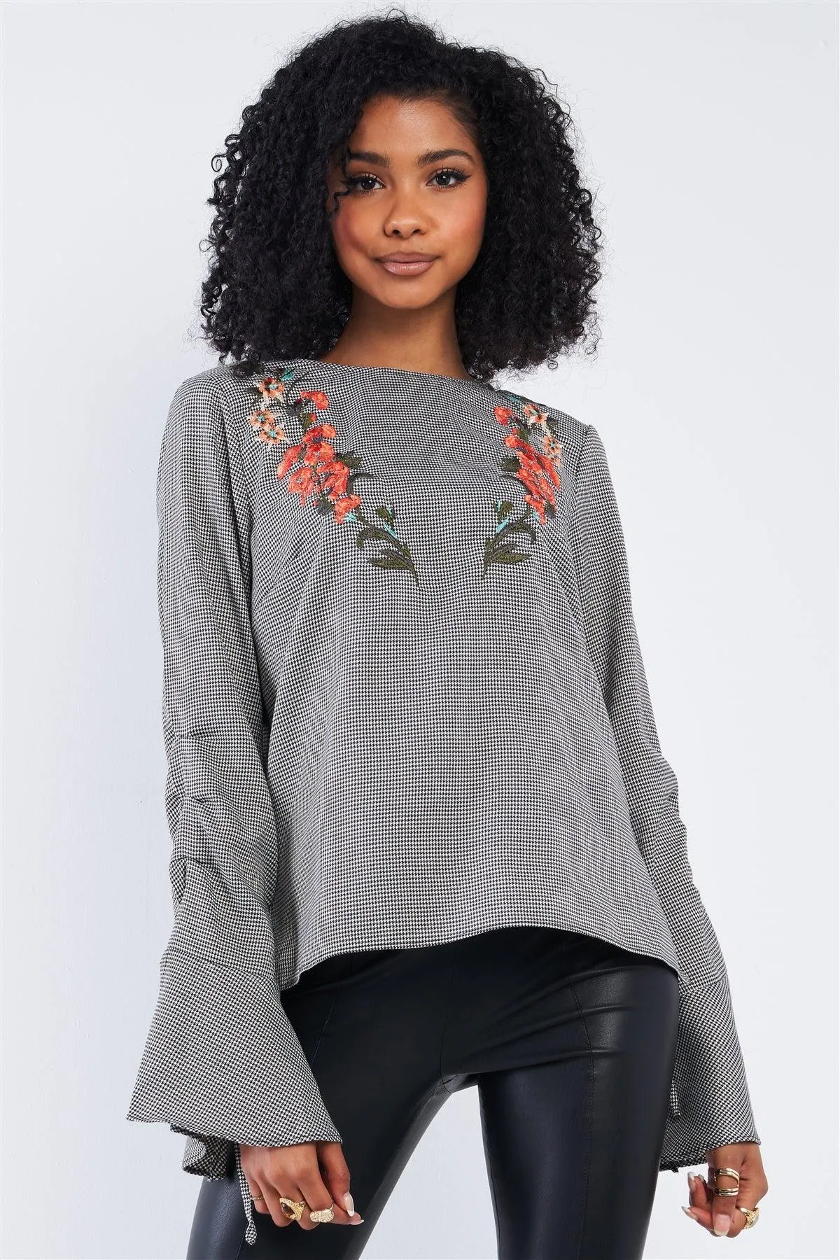 Black & White Mini Houndstooth Print Floral Embroidered Long Flutter Hem Sleeve Blouse Top /1-2-2-1