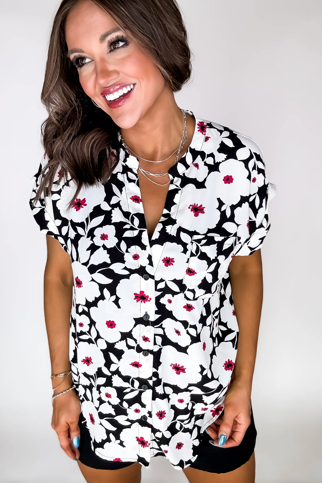 Black And White V-Neck Floral Top