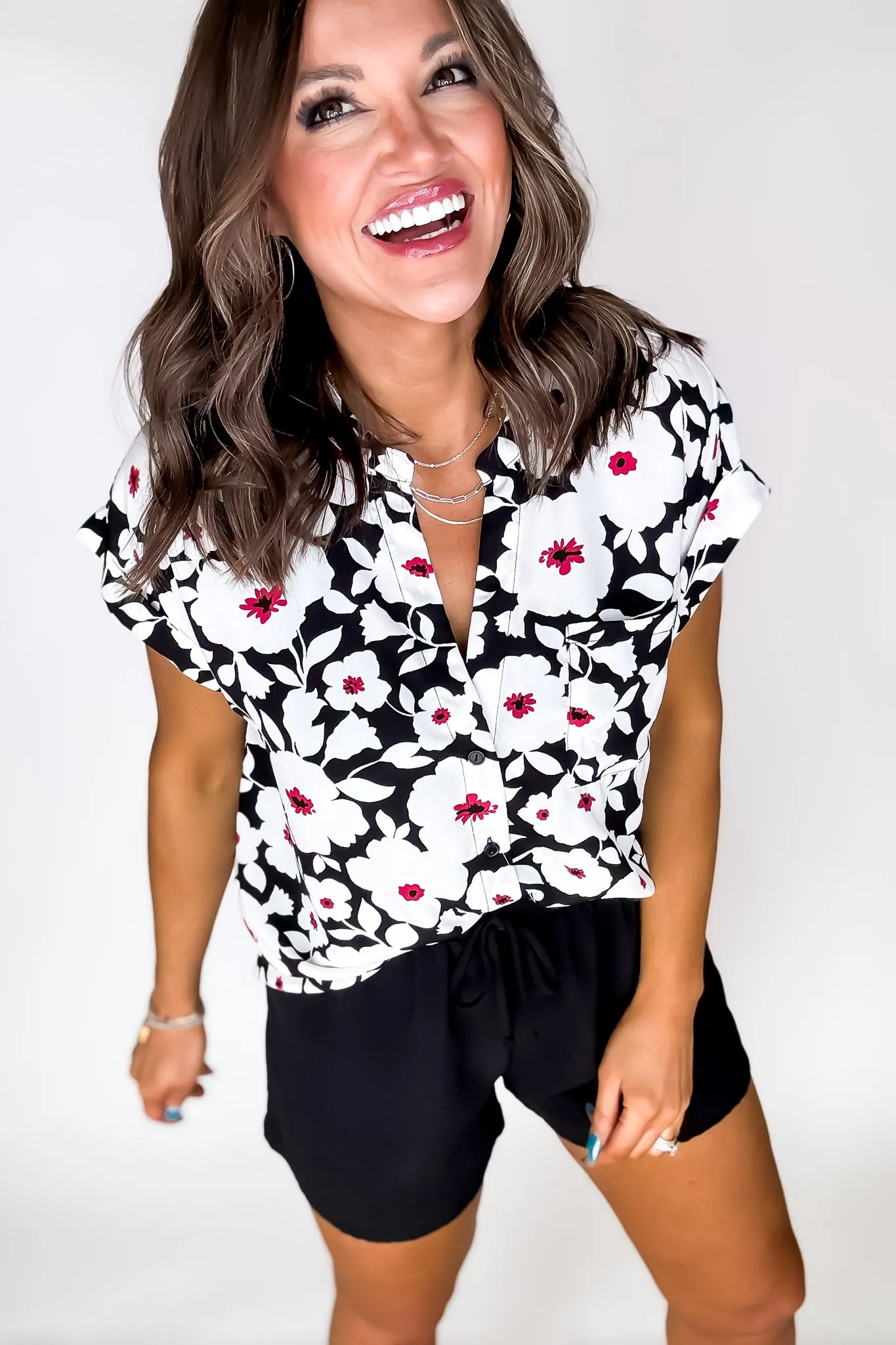 Black And White V-Neck Floral Top