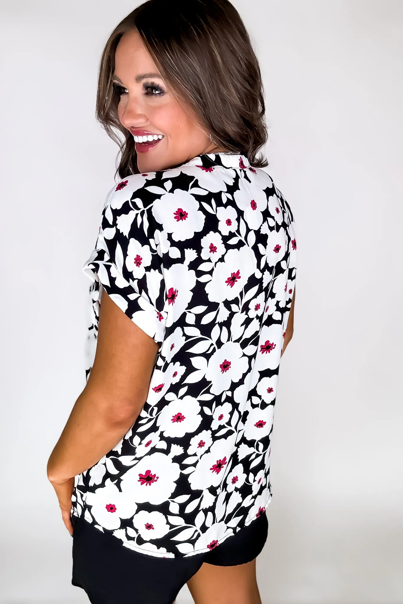 Black And White V-Neck Floral Top