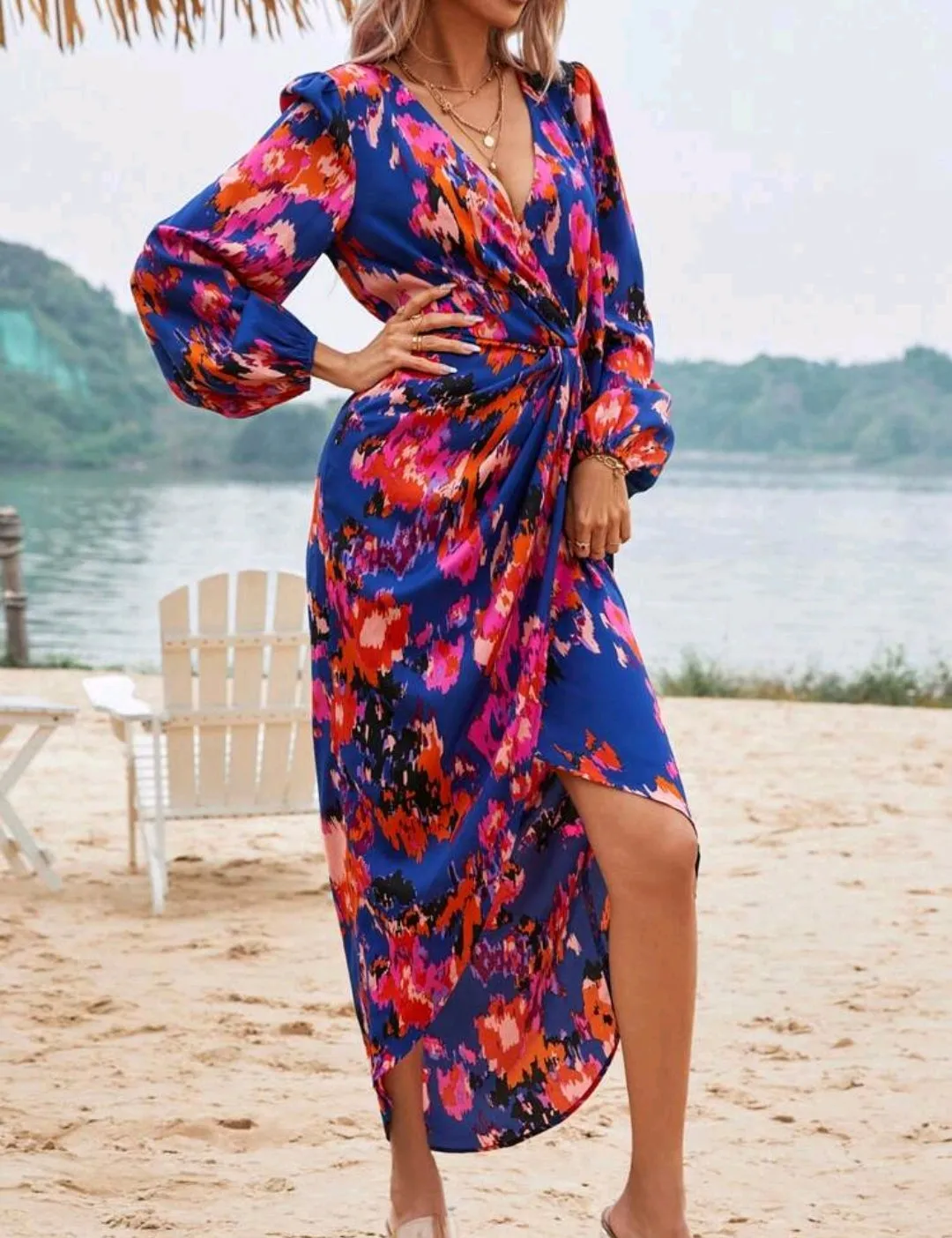 Blue Multicolour Lantern Sleeve Dress