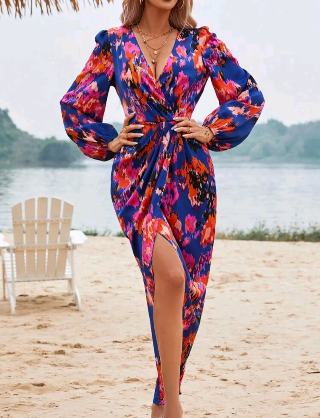 Blue Multicolour Lantern Sleeve Dress