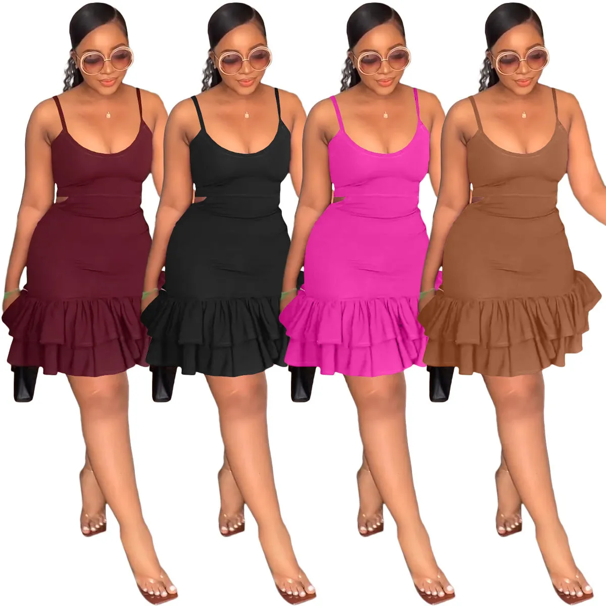 CaFashion suspender low-cut ruffle buttock dress AY2649