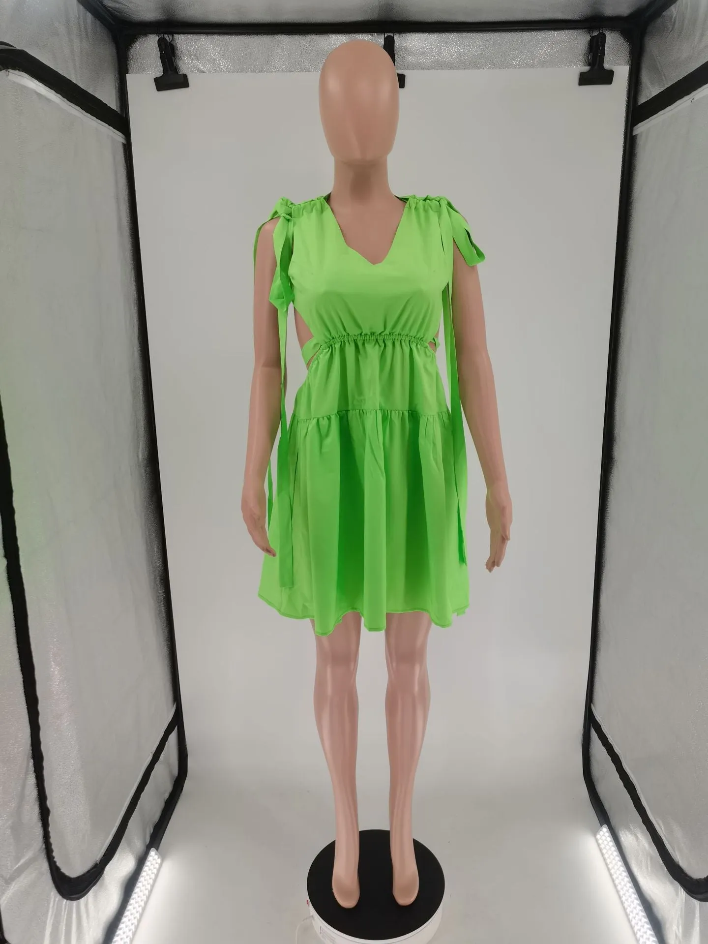 Candy colored strappy nude back patchwork dress AY2894