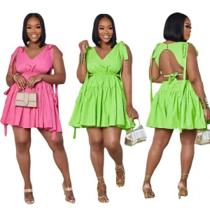Candy colored strappy nude back patchwork dress AY2894