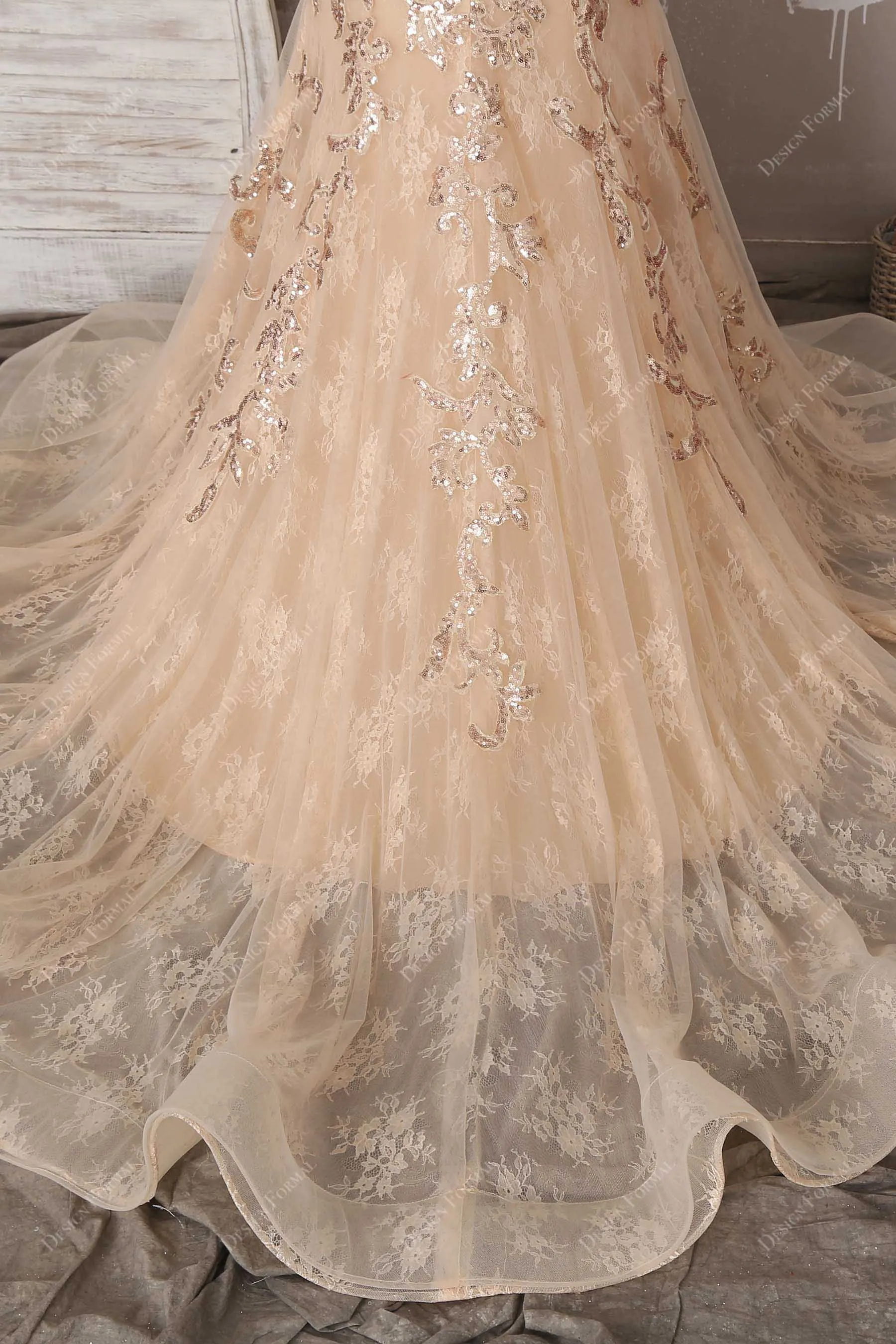 Champagne Sequin Lace Elegant Halter Mermaid Dress