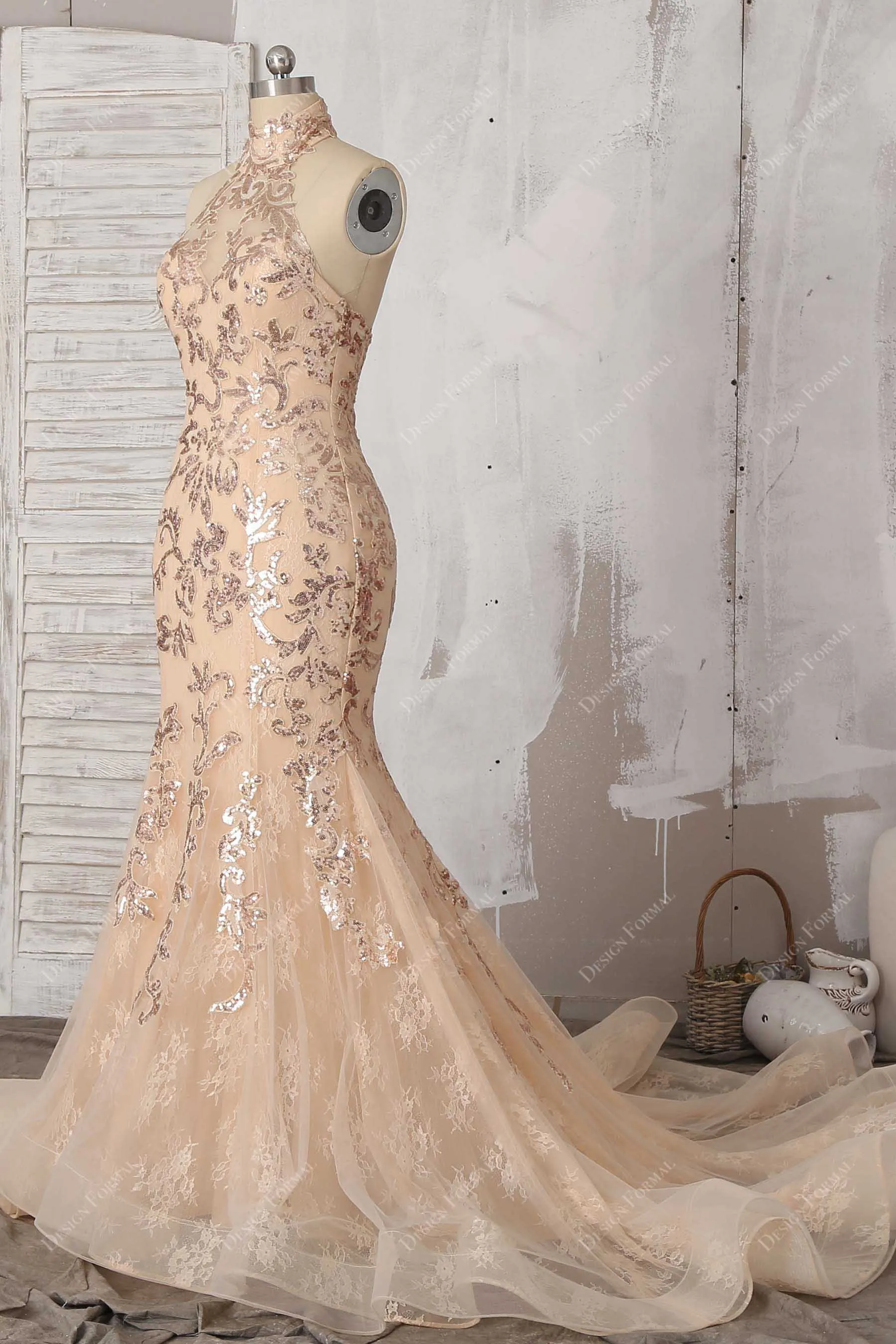 Champagne Sequin Lace Elegant Halter Mermaid Dress