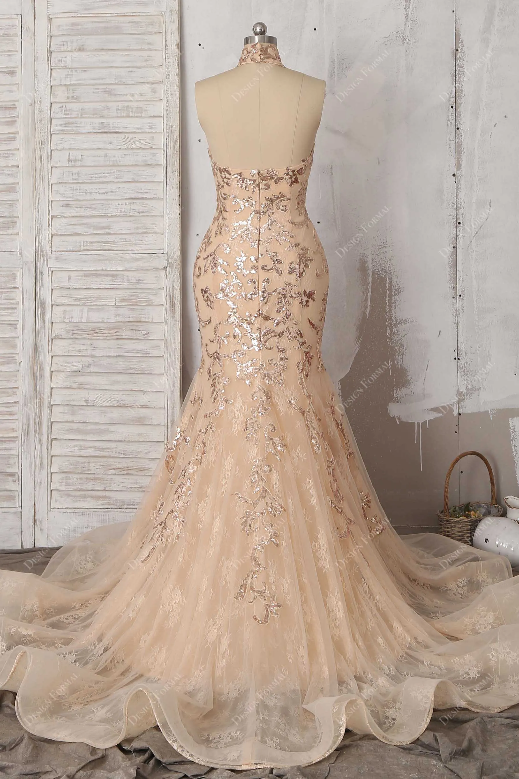 Champagne Sequin Lace Elegant Halter Mermaid Dress