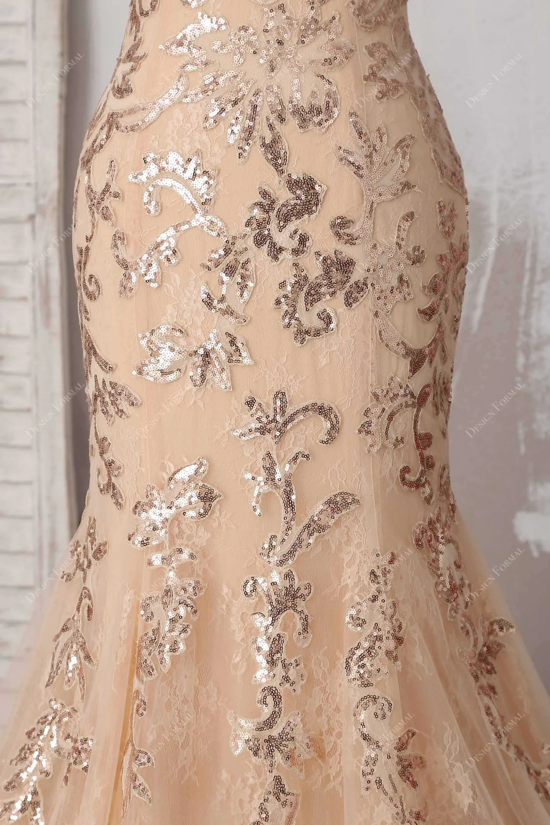 Champagne Sequin Lace Elegant Halter Mermaid Dress